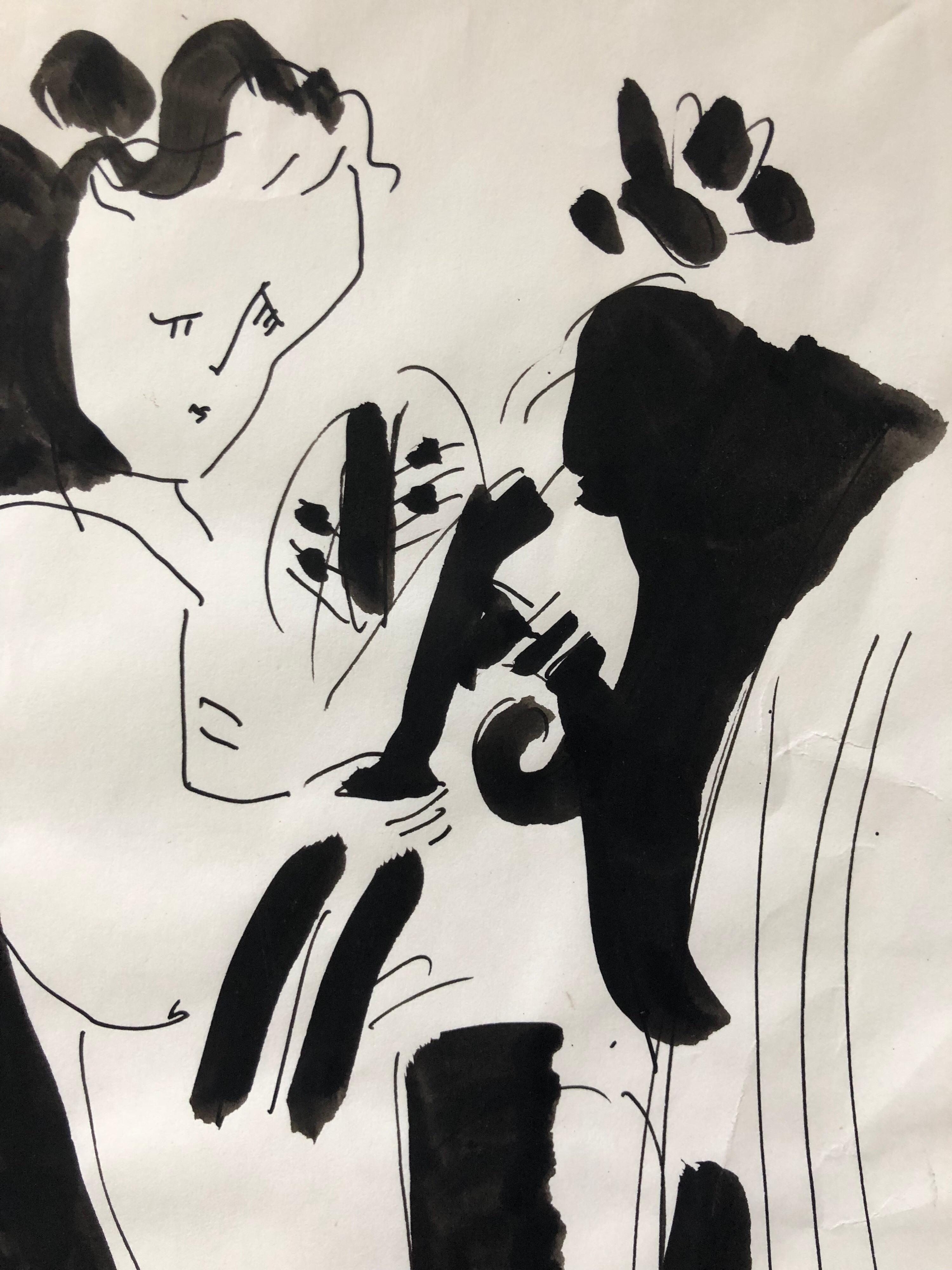 Vintage Israel Bezalel School Pittura ad acquerello dell'artista con modella Kibbutz Life - Art di Moshe Avni