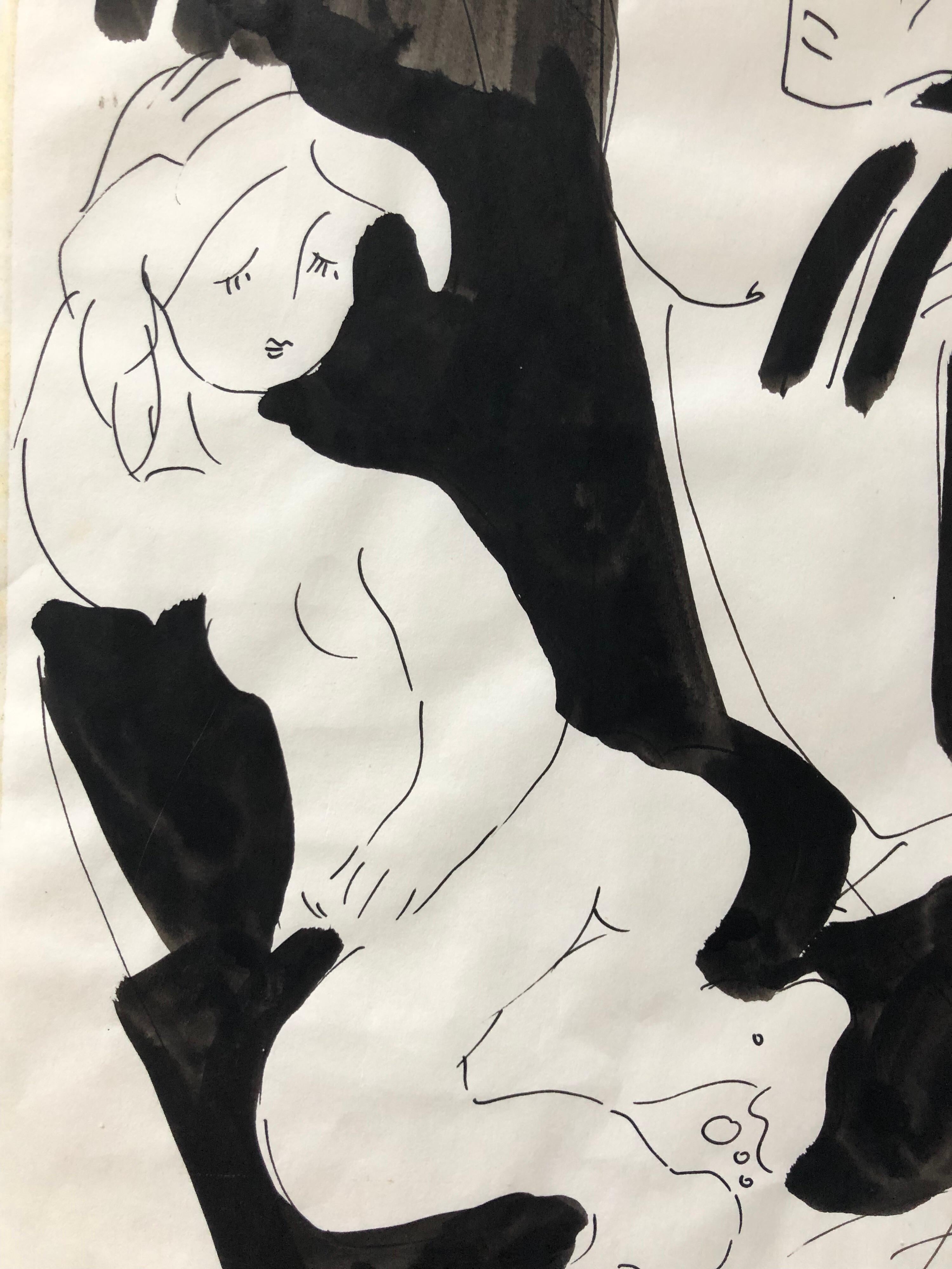 Vintage Israel Bezalel School Pittura ad acquerello dell'artista con modella Kibbutz Life - Art Moderno di Moshe Avni