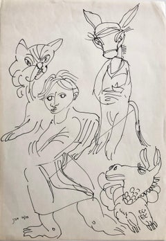 Vintage Israeli Bezalel School Drawing Surrealist Boy with Animals Kibbutz Life