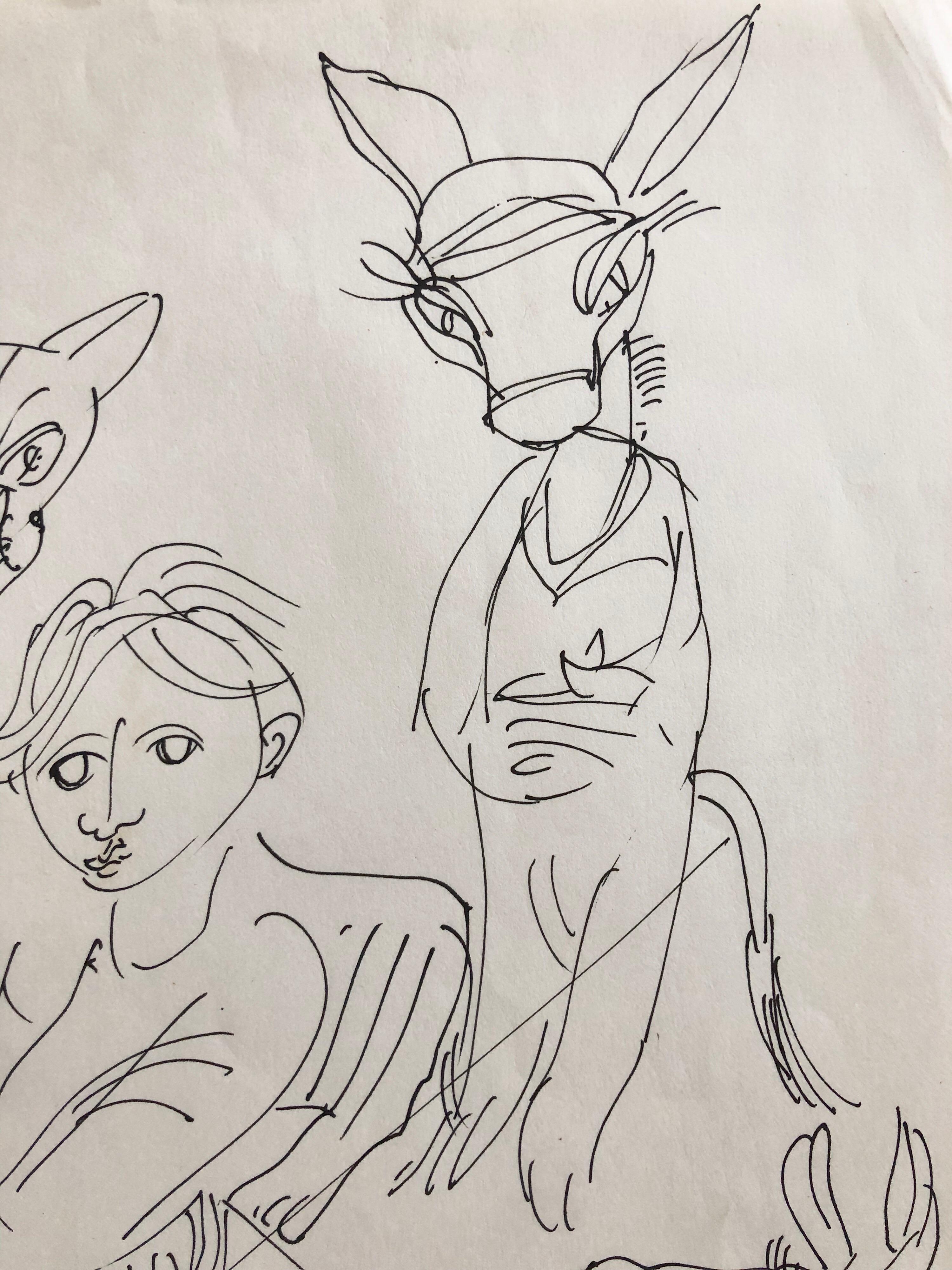 Israelische Bezalel-Schule, Zeichnung, Surrealistischer Junge mit Tieren, Kibbutz-Leben – Art von Moshe Avni