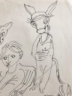 Vintage Israeli Bezalel School Drawing Surrealist Boy with Animals Kibbutz Life
