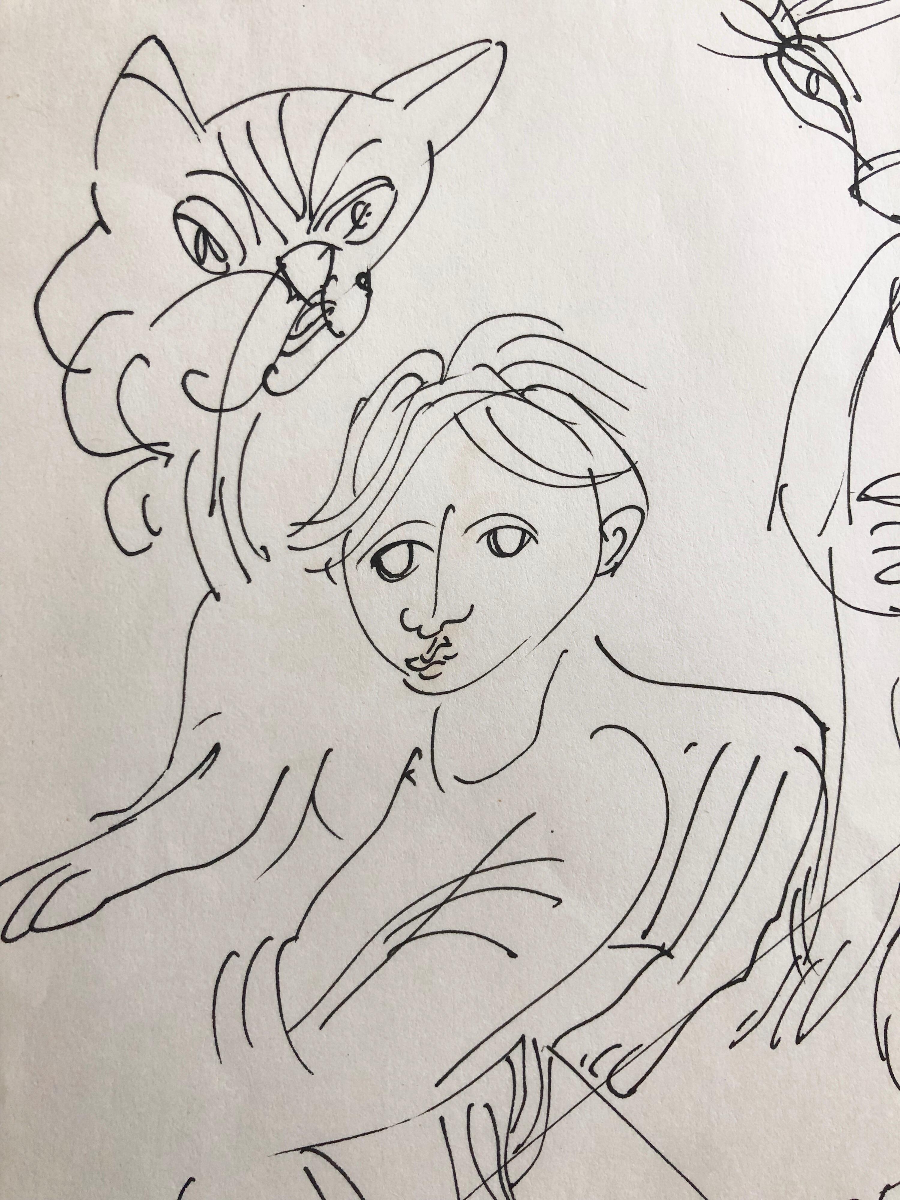Israelische Bezalel-Schule, Zeichnung, Surrealistischer Junge mit Tieren, Kibbutz-Leben (Moderne), Art, von Moshe Avni