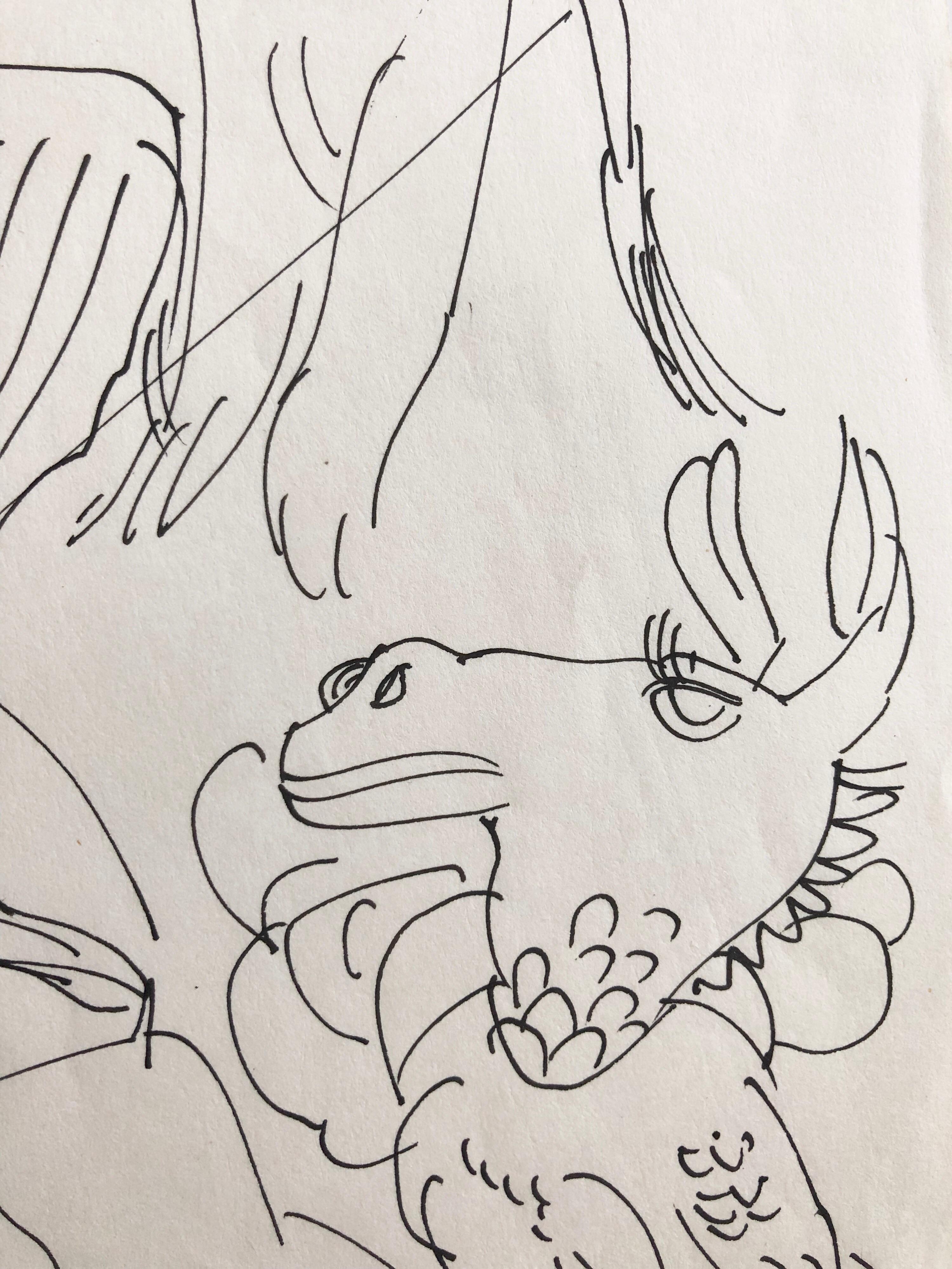 Israelische Bezalel-Schule, Zeichnung, Surrealistischer Junge mit Tieren, Kibbutz-Leben (Grau), Animal Art, von Moshe Avni