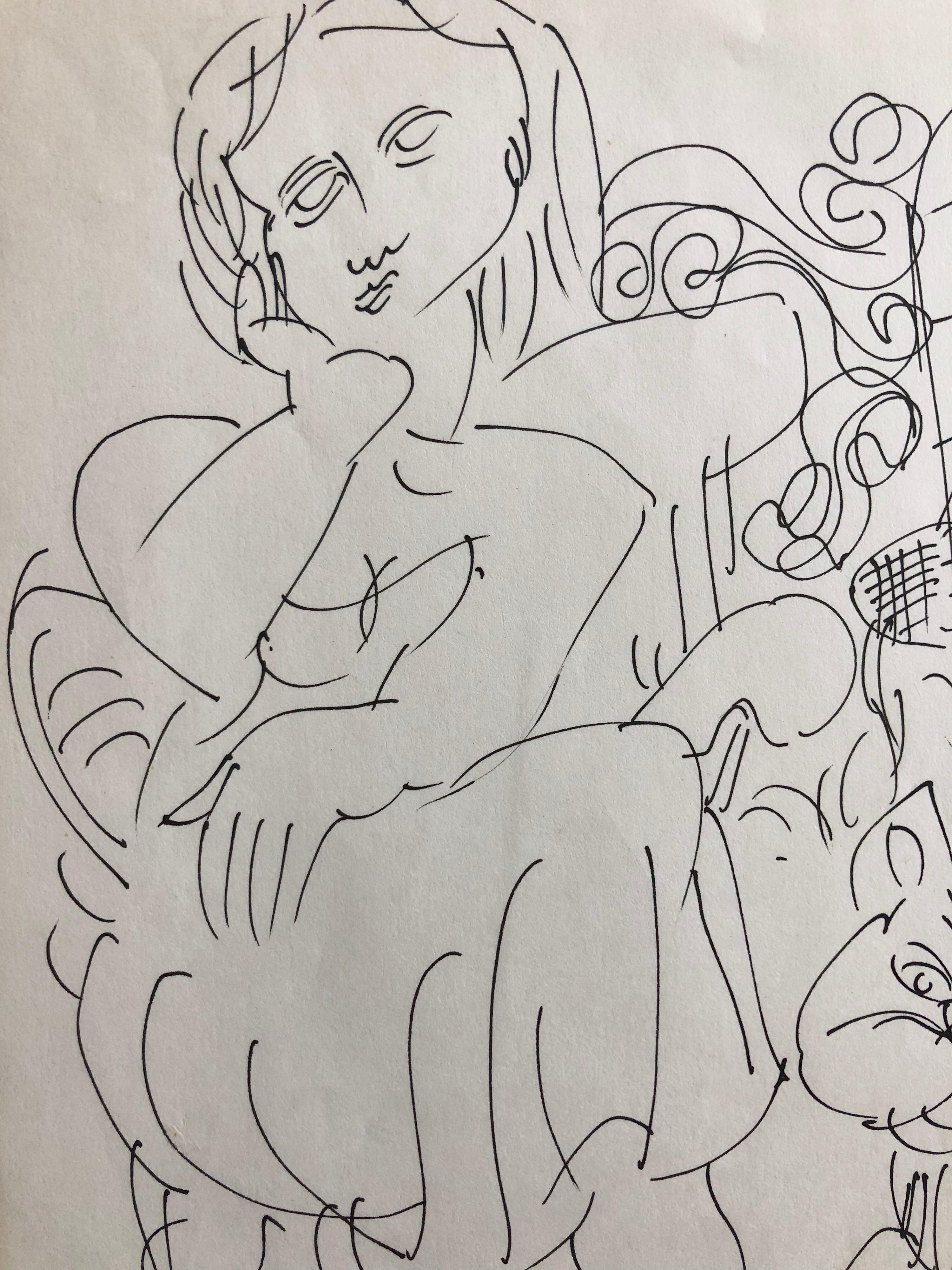 Vintage Israelí Bezalel Escuela Dibujo Mujer Sentada con Gato Kibbutz Vida - Art de Moshe Avni