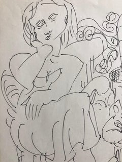 Vintage Israeli Bezalel School Drawing Woman Sitting with Cat Kibbutz Life
