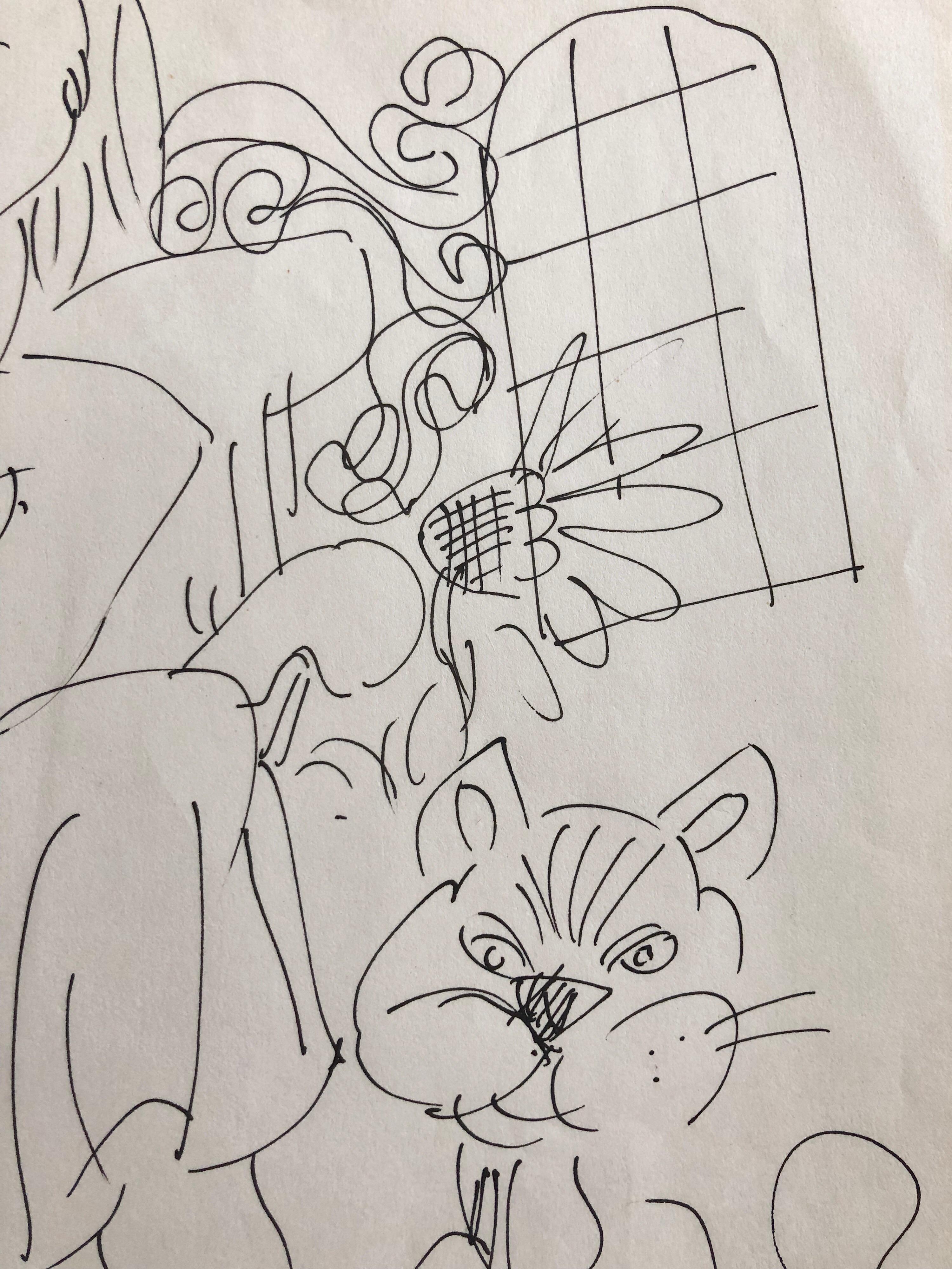Vintage Israelí Bezalel Escuela Dibujo Mujer Sentada con Gato Kibbutz Vida - Art Moderno de Moshe Avni