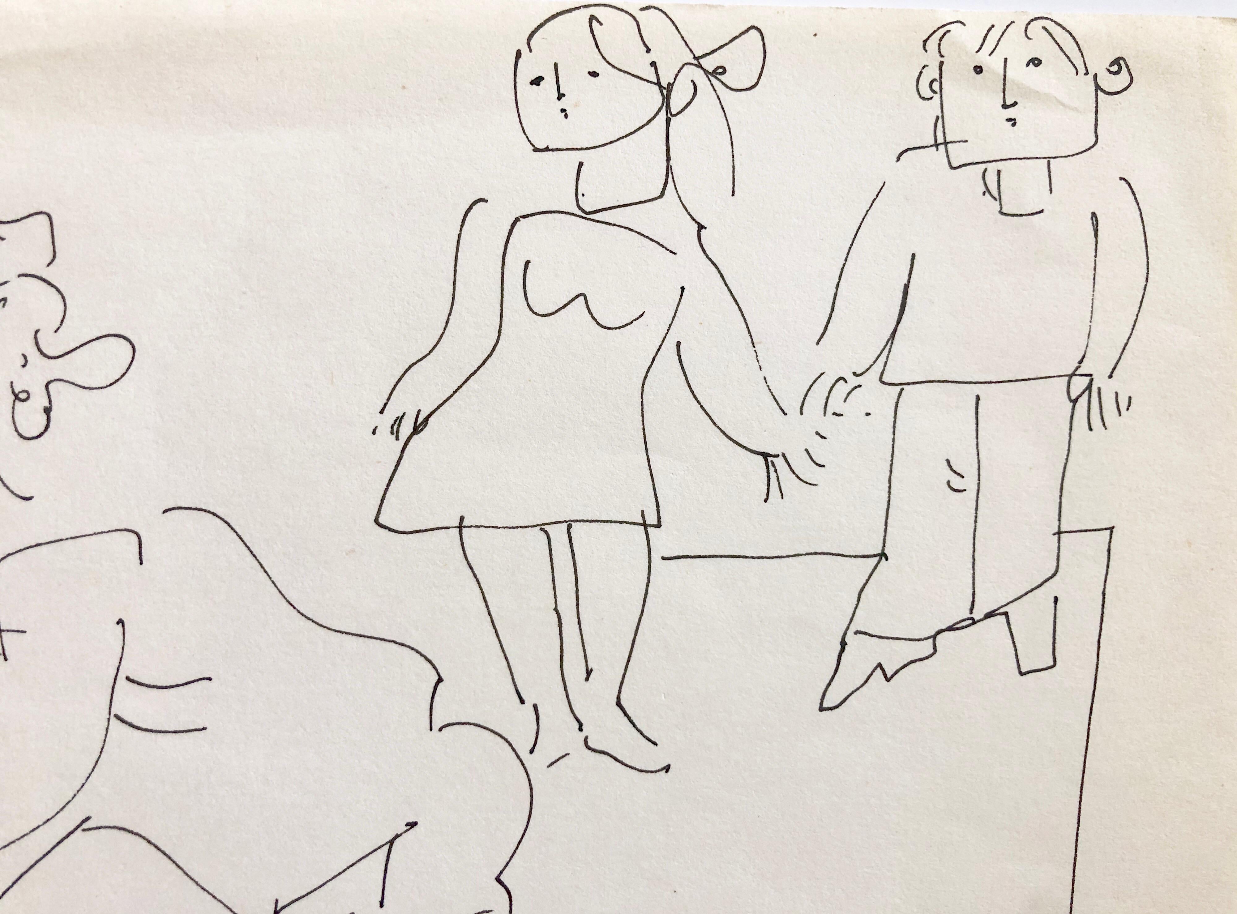 Vintage Israeli Bezalel School Drawing Family Playing, Dogs Puppies Kibbutz Life - Moderne Art par Moshe Avni