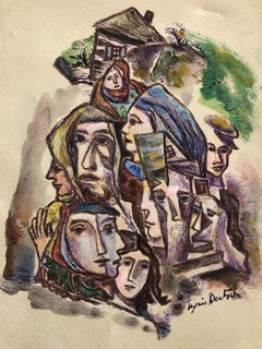 Casas y caras abstractas Dibujo a tinta y pintura a la acuarela Shtetl Judaica