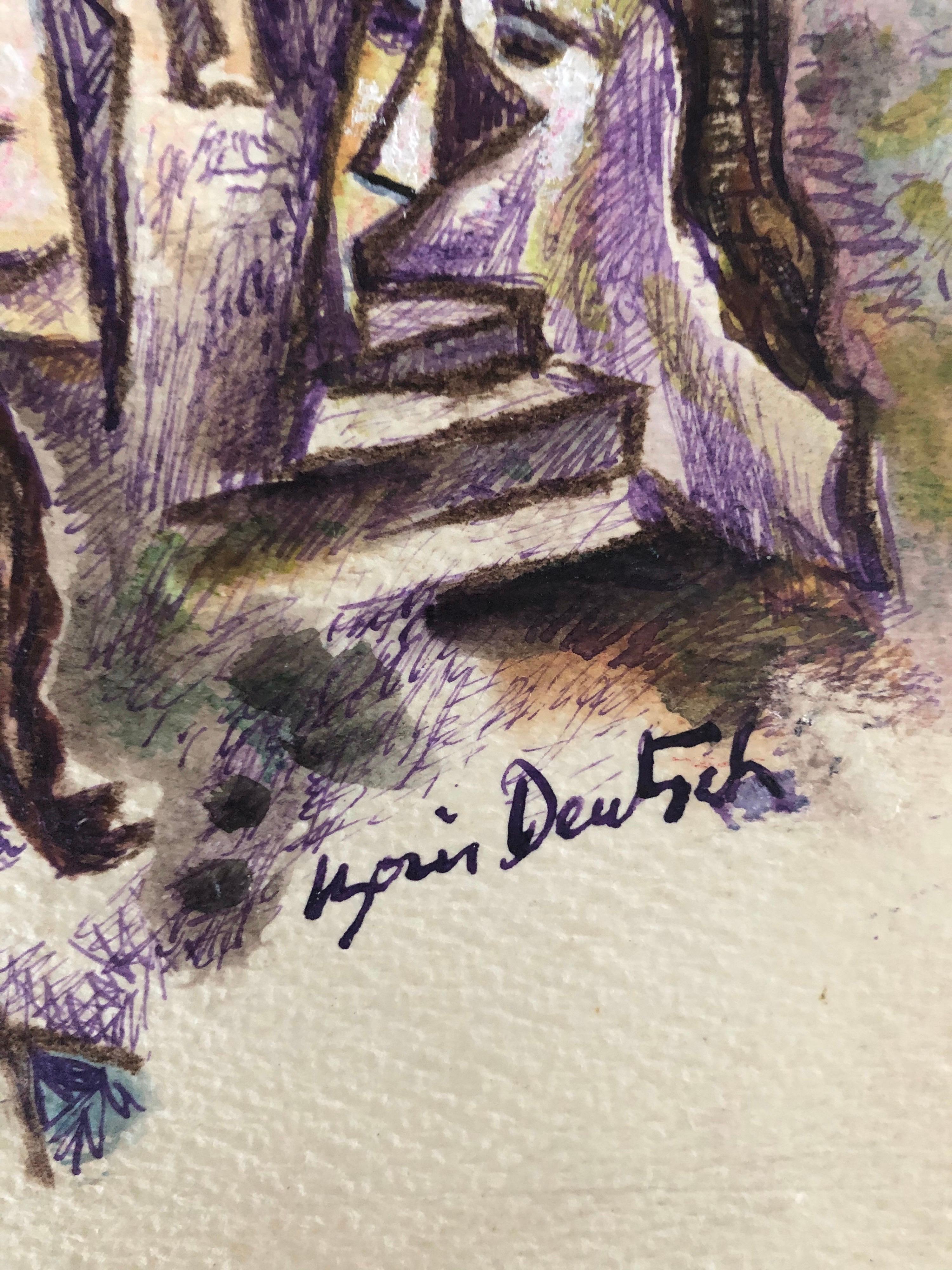 Dessins à l'encre et aquarelle abstraits de Shtetl Judaica - Moderne Art par Boris Deutsch