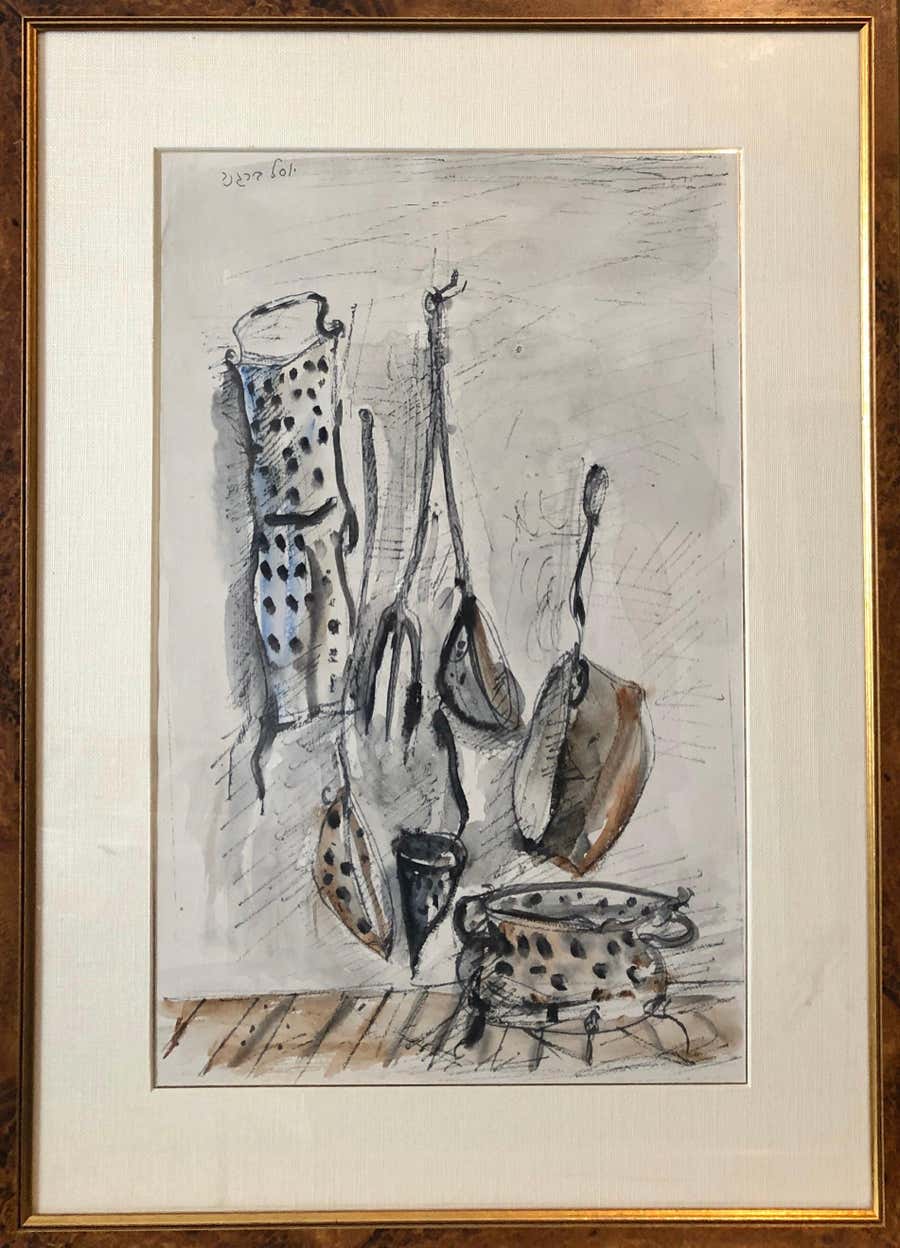 Israeli Yosl Bergner Modernist Watercolor Painting Drawing Pots, Pans