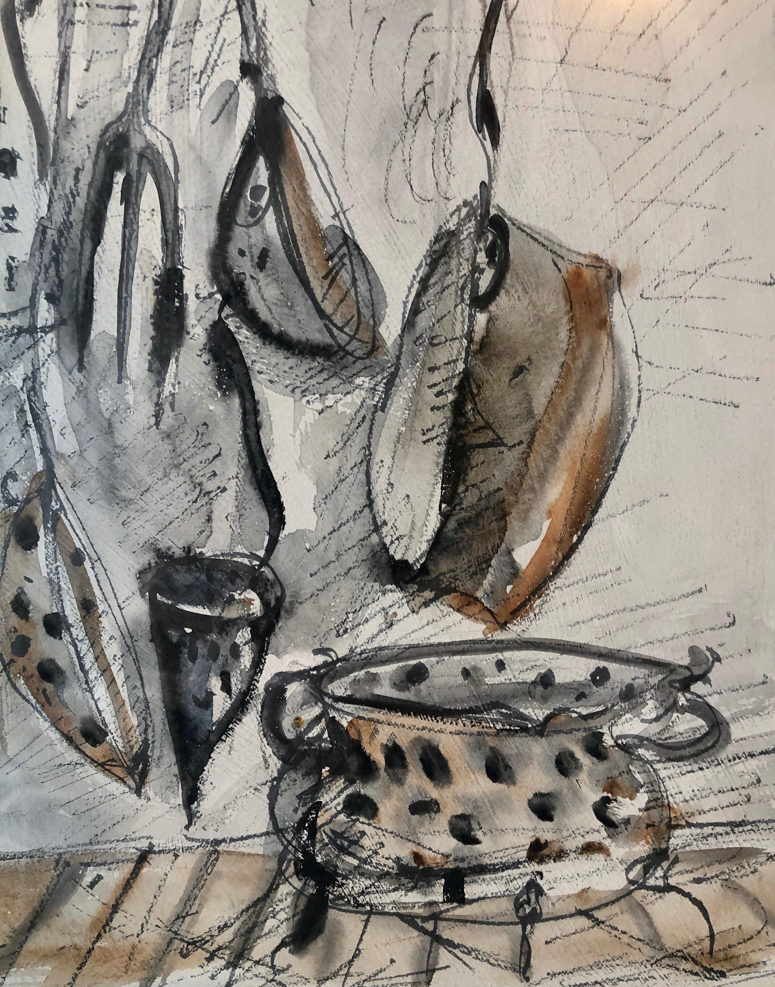 Peinture aquarelle moderniste israélienne Yosl Bergner Dessin de casseroles, poêles en vente 4