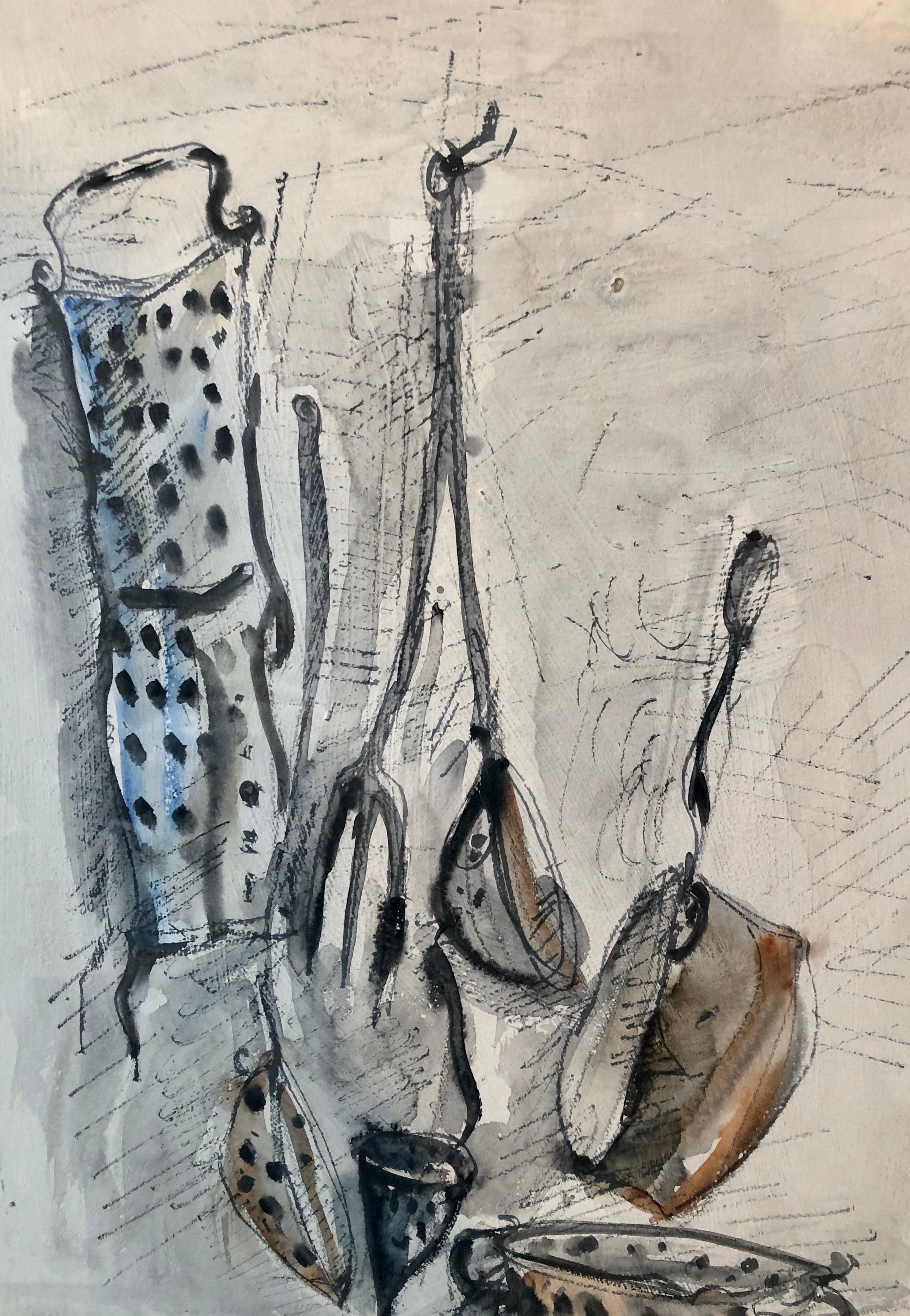 Peinture aquarelle moderniste israélienne Yosl Bergner Dessin de casseroles, poêles en vente 6