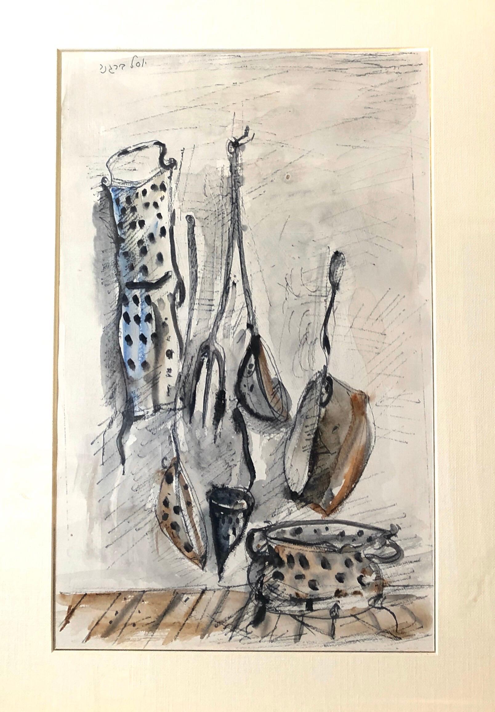 Peinture aquarelle moderniste israélienne Yosl Bergner Dessin de casseroles, poêles en vente 8