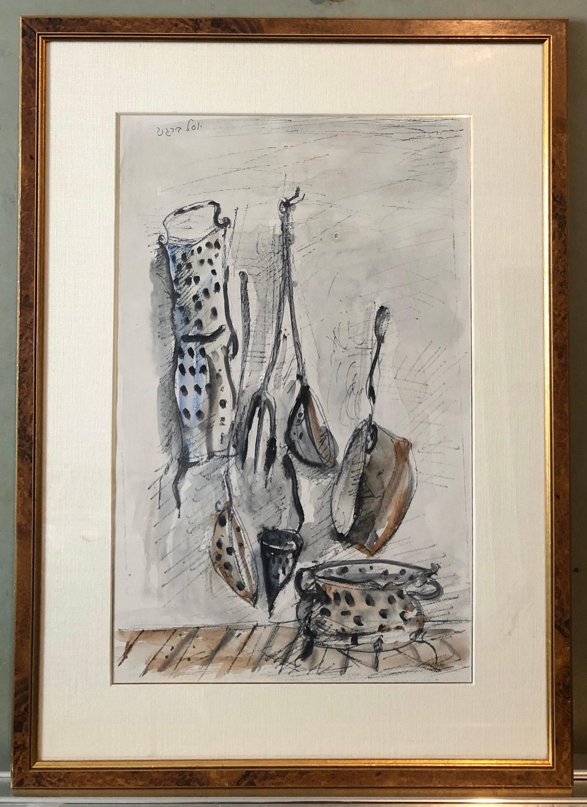 Peinture aquarelle moderniste israélienne Yosl Bergner Dessin de casseroles, poêles en vente 9