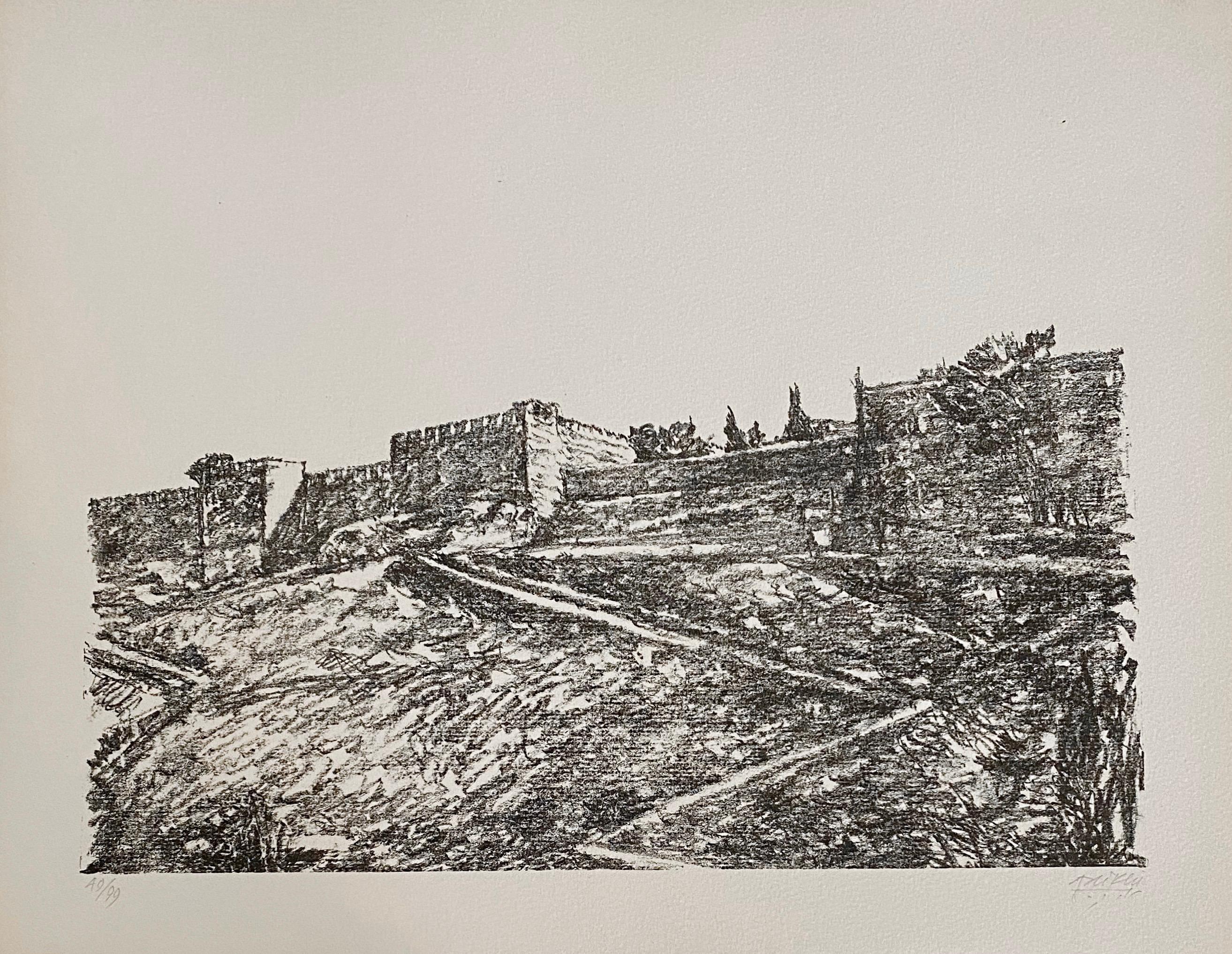 Avigdor Arikha Litografia israeliana modernista Paesaggio di Gerusalemme Scuola di Bezalel