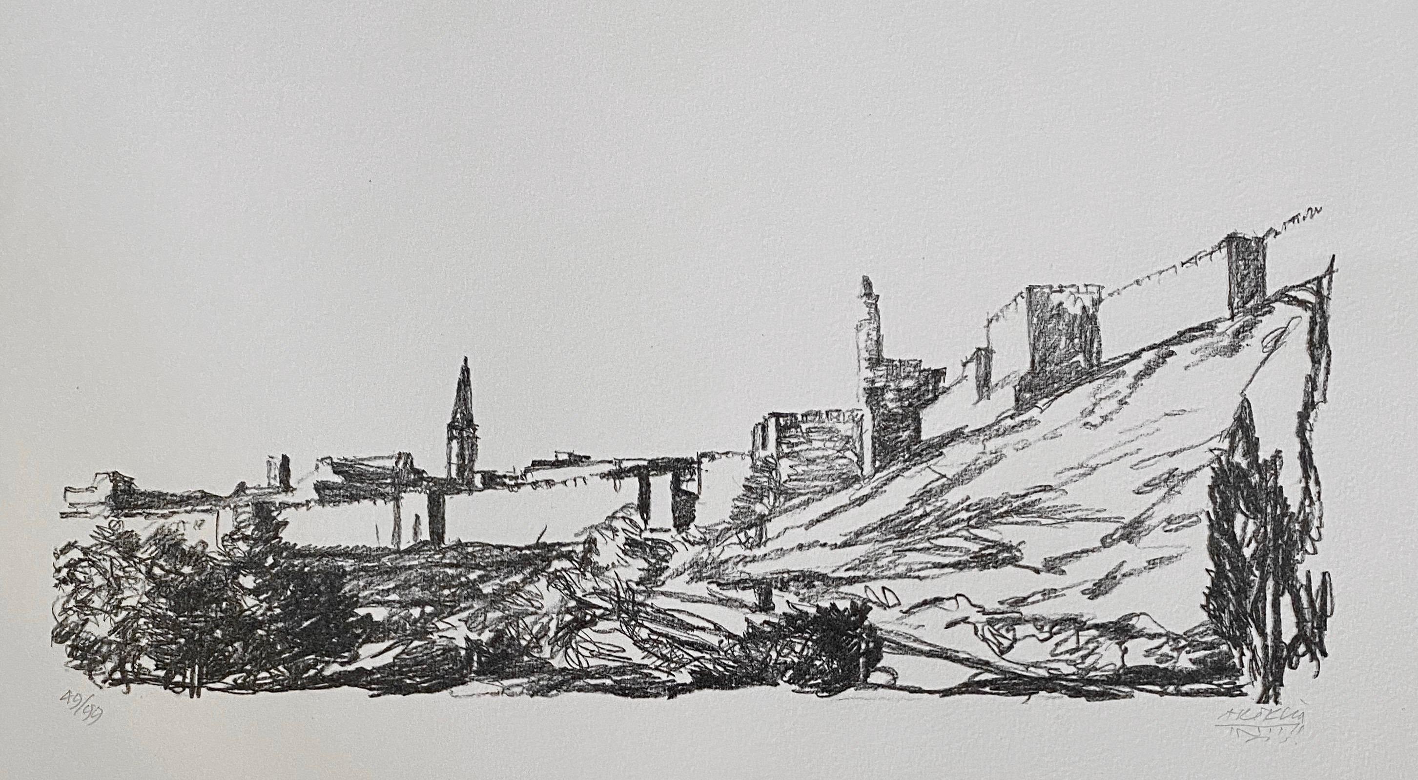 Lithographie moderniste israélienne d'Avigdor Arikha Jerusalem Landscape Bezalel School en vente 1