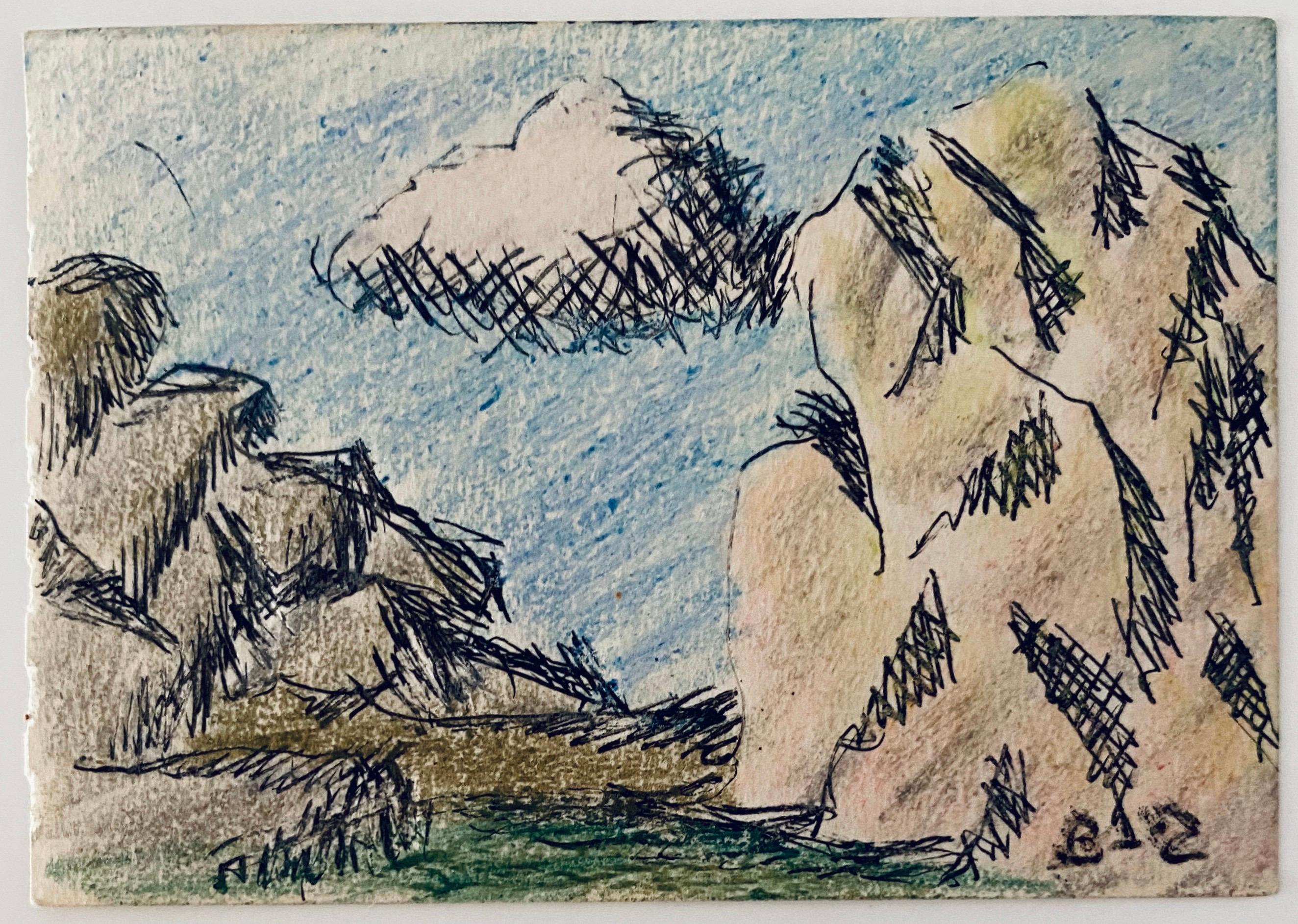 Pastell, Tuschezeichnung Felsen und Wolkenlandschaft Jüdisch Amerikanisch Modernistisch WPA