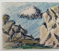 Pastel, Ink Drawing Rocks And Cloud Landscape Jewish American Modernist WPA