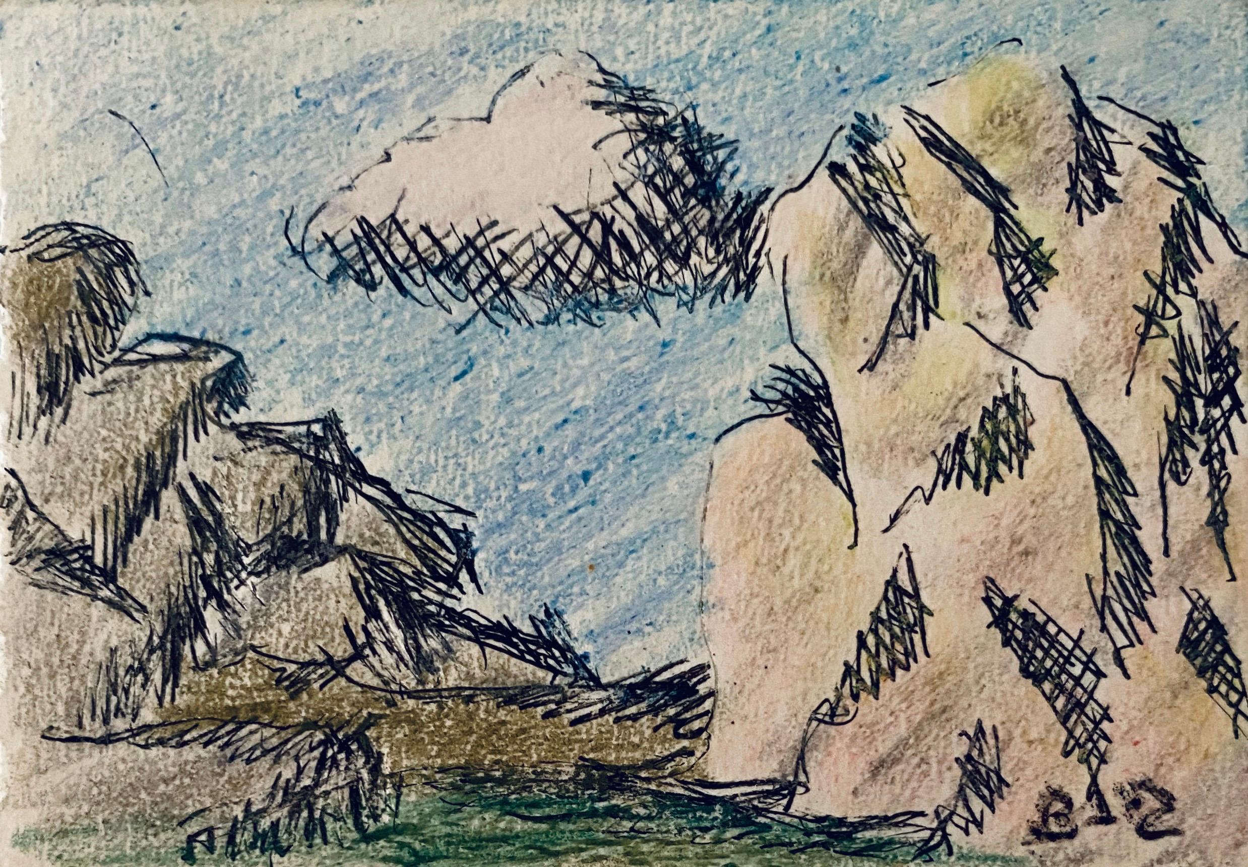 Pastello, disegno a inchiostro Rocce e nuvole Paesaggio ebraico americano modernista WPA - Art Espressionista di Ben-Zion Weinman