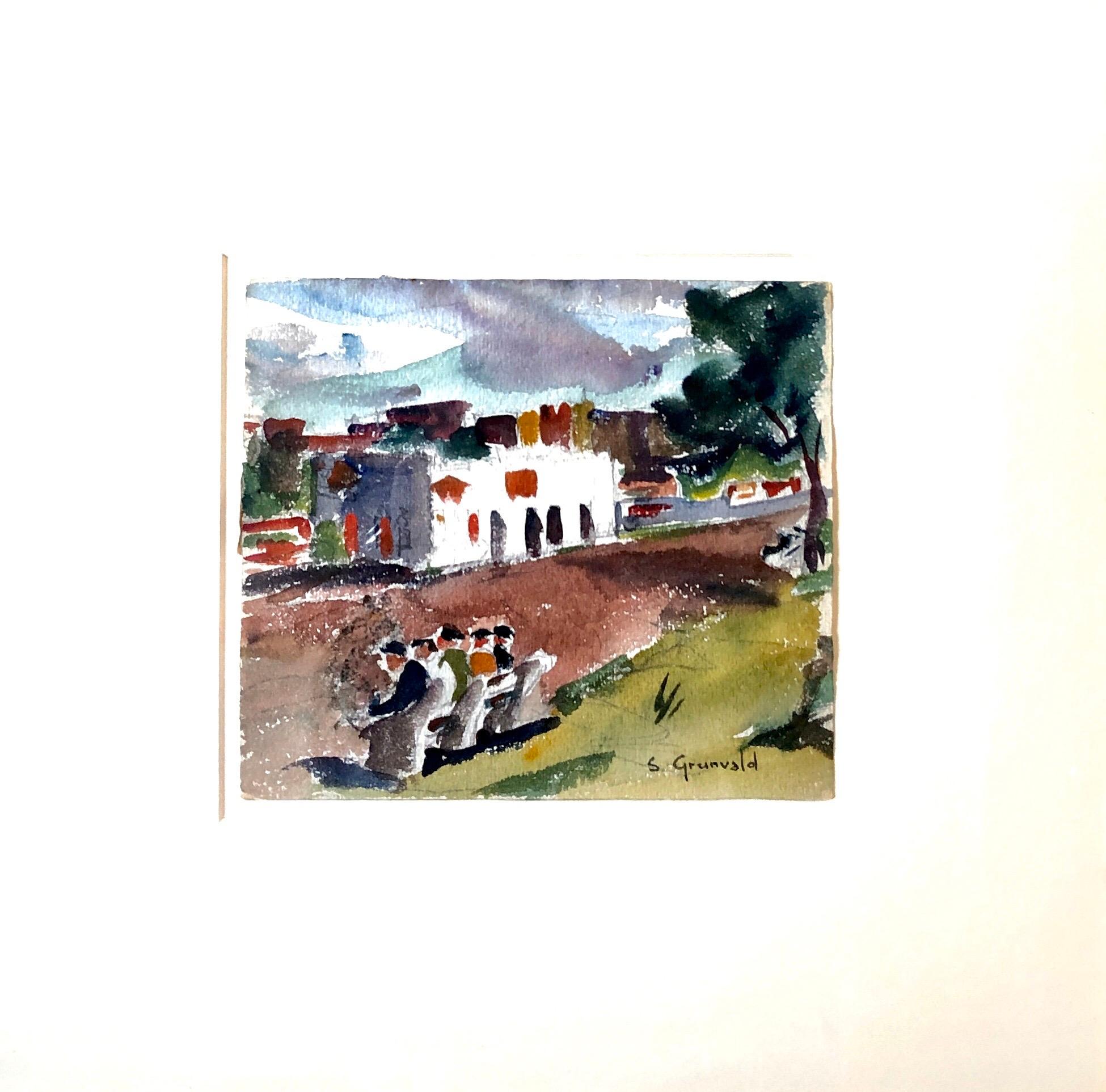 1930's American WPA Modernist New York City Watercolor Painting Harlem River Dr - Gray Figurative Art by Samuel Grunvald