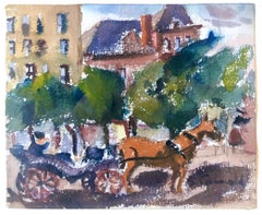 1940's American WPA Modernist New York Watercolor Painting 59th st Central Park
