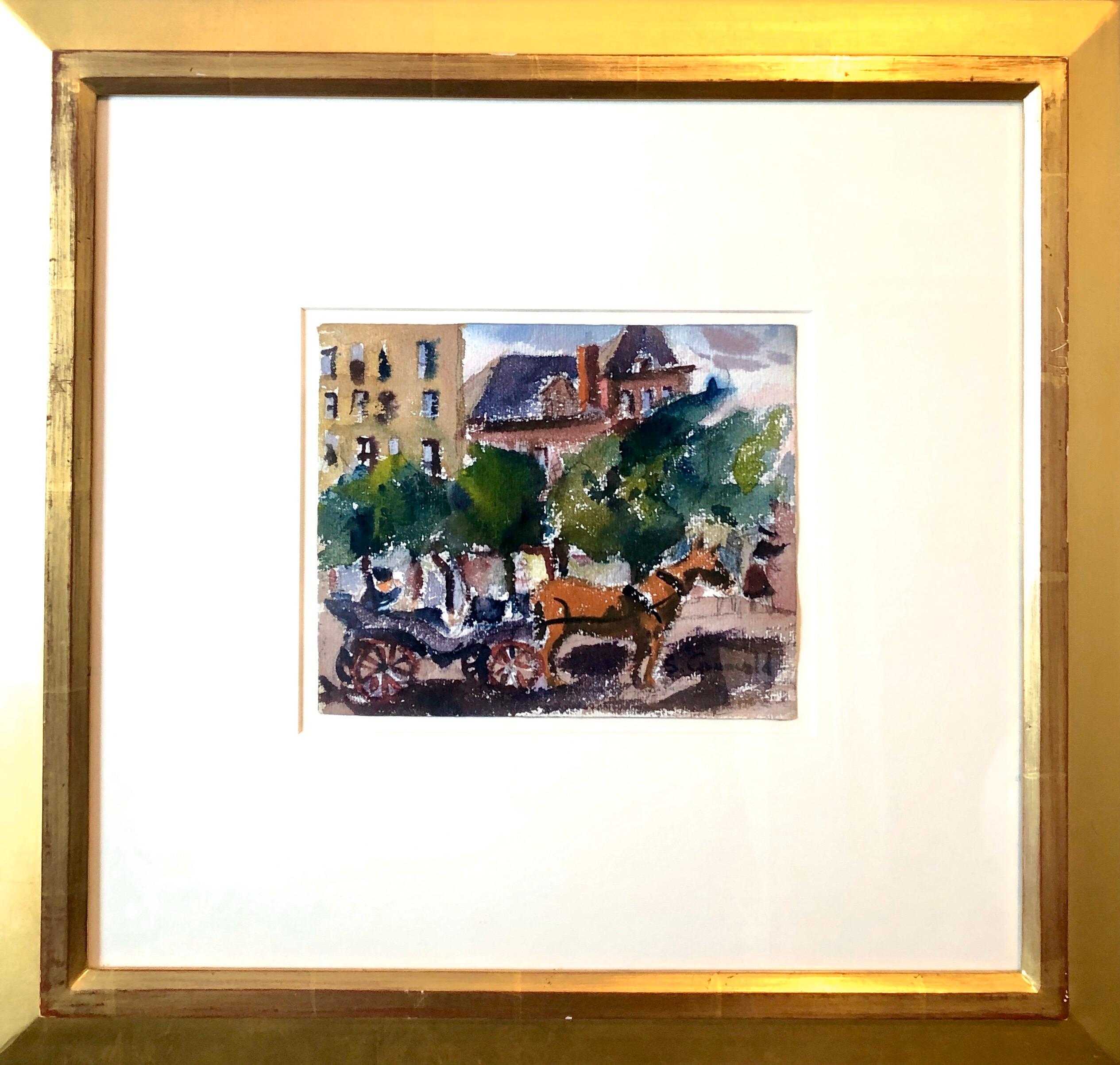 Aquarelle moderniste américaine WPA New York des années 1940, 59th st Central Park - Art de Samuel Grunvald