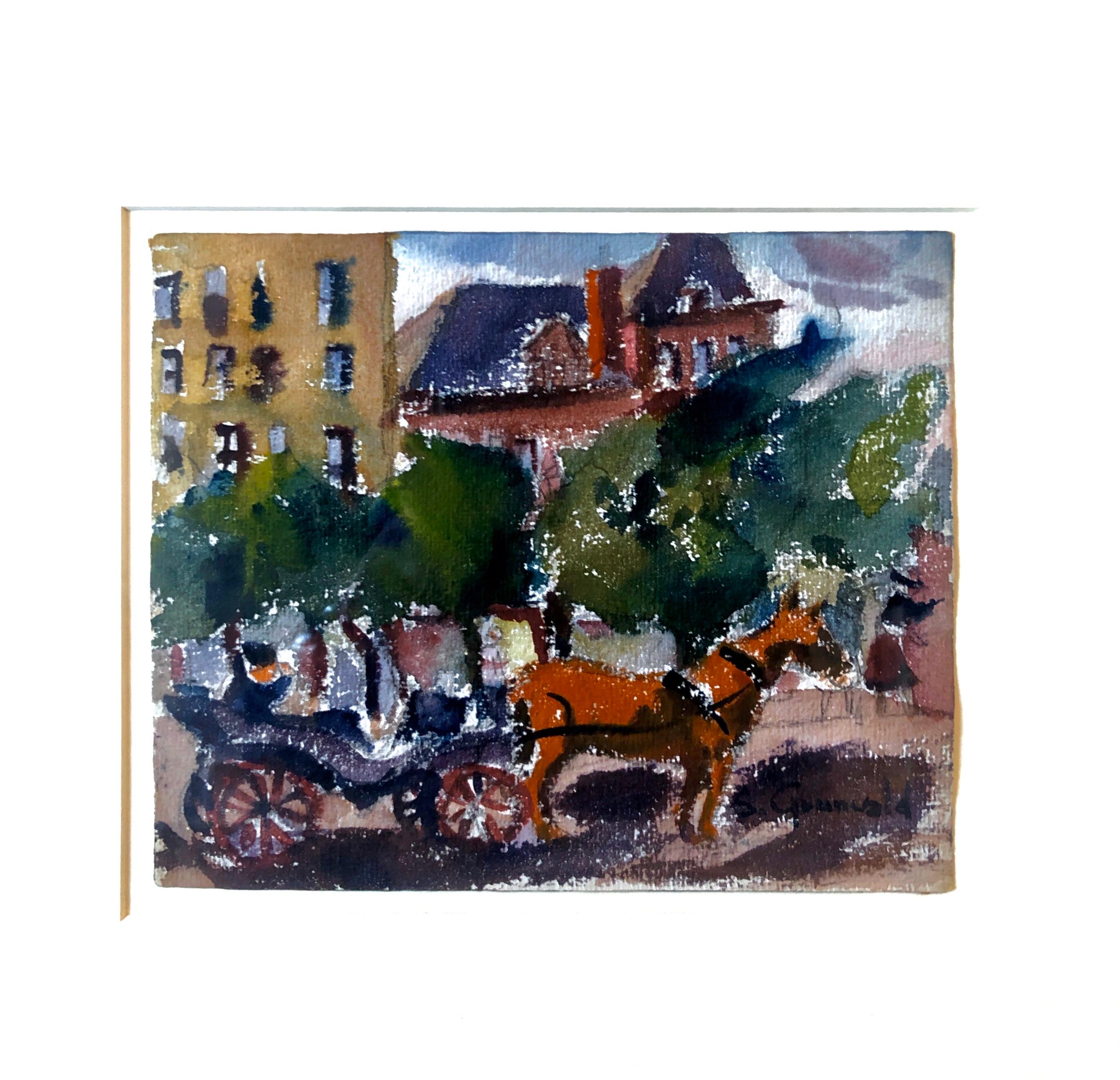 Cheval et buggy 59th st. Manhattan (peinture fauve de NYC à l'extérieur de Central Park) 1940's.
L'image fait 6,25 x 7,5 pouces. Signé à la main en bas à droite
Provenance : Greenwich Gallery (Greenwich CT)

Samuel Grunvald était un artiste