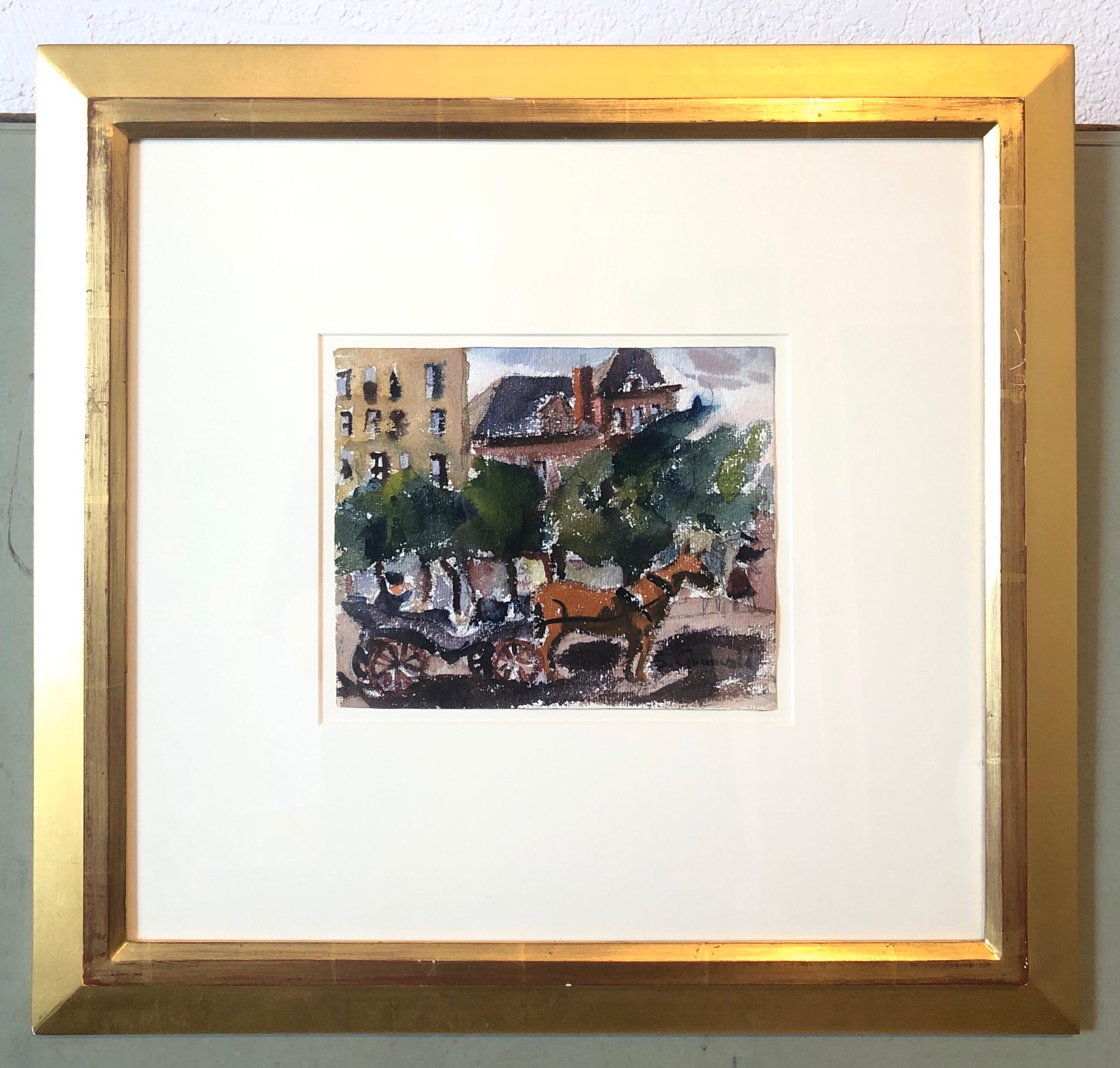 Aquarelle moderniste américaine WPA New York des années 1940, 59th st Central Park en vente 1