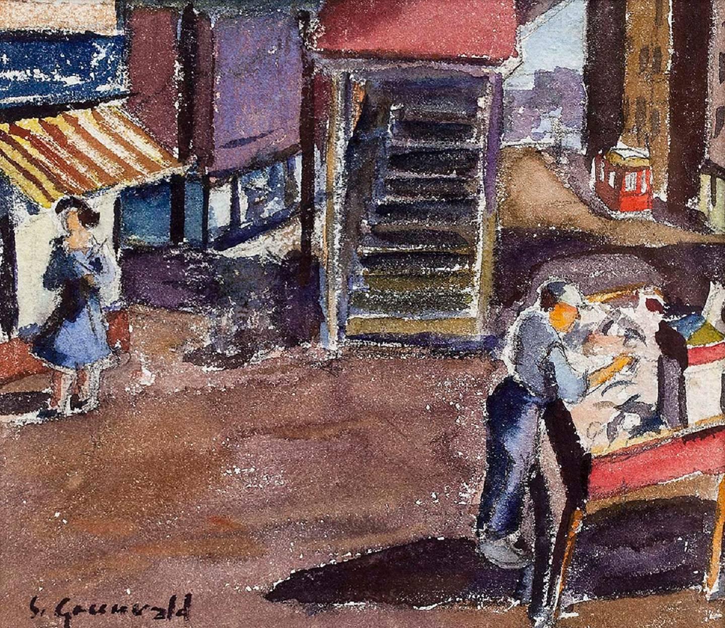 1940 American WPA Modernist New York City Acquerello Pittura Pushcart Tenements - Art di Samuel Grunvald
