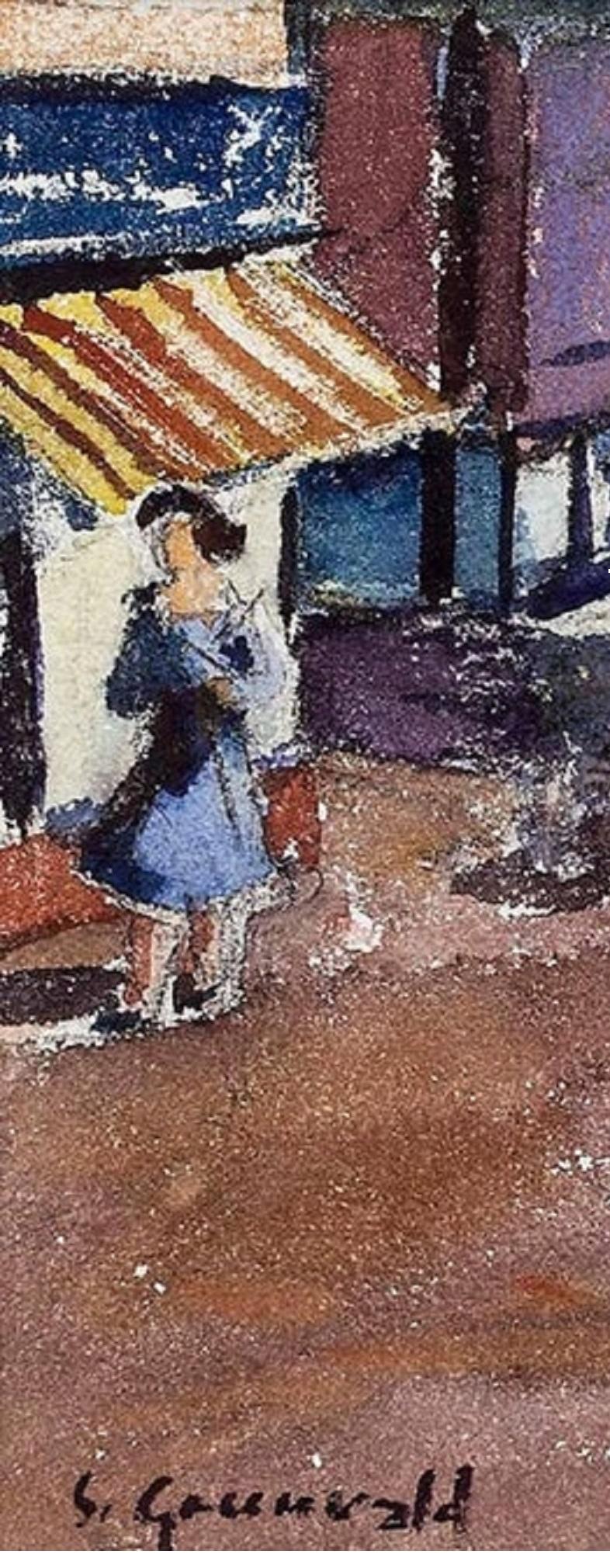 1940 American WPA Modernist New York City Acquerello Pittura Pushcart Tenements - Art Moderno di Samuel Grunvald