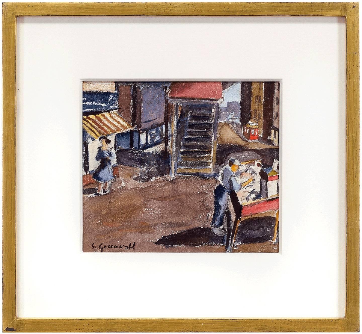 1940 American WPA Modernist New York City Acquerello Pittura Pushcart Tenements - Figurative Art Beige di Samuel Grunvald