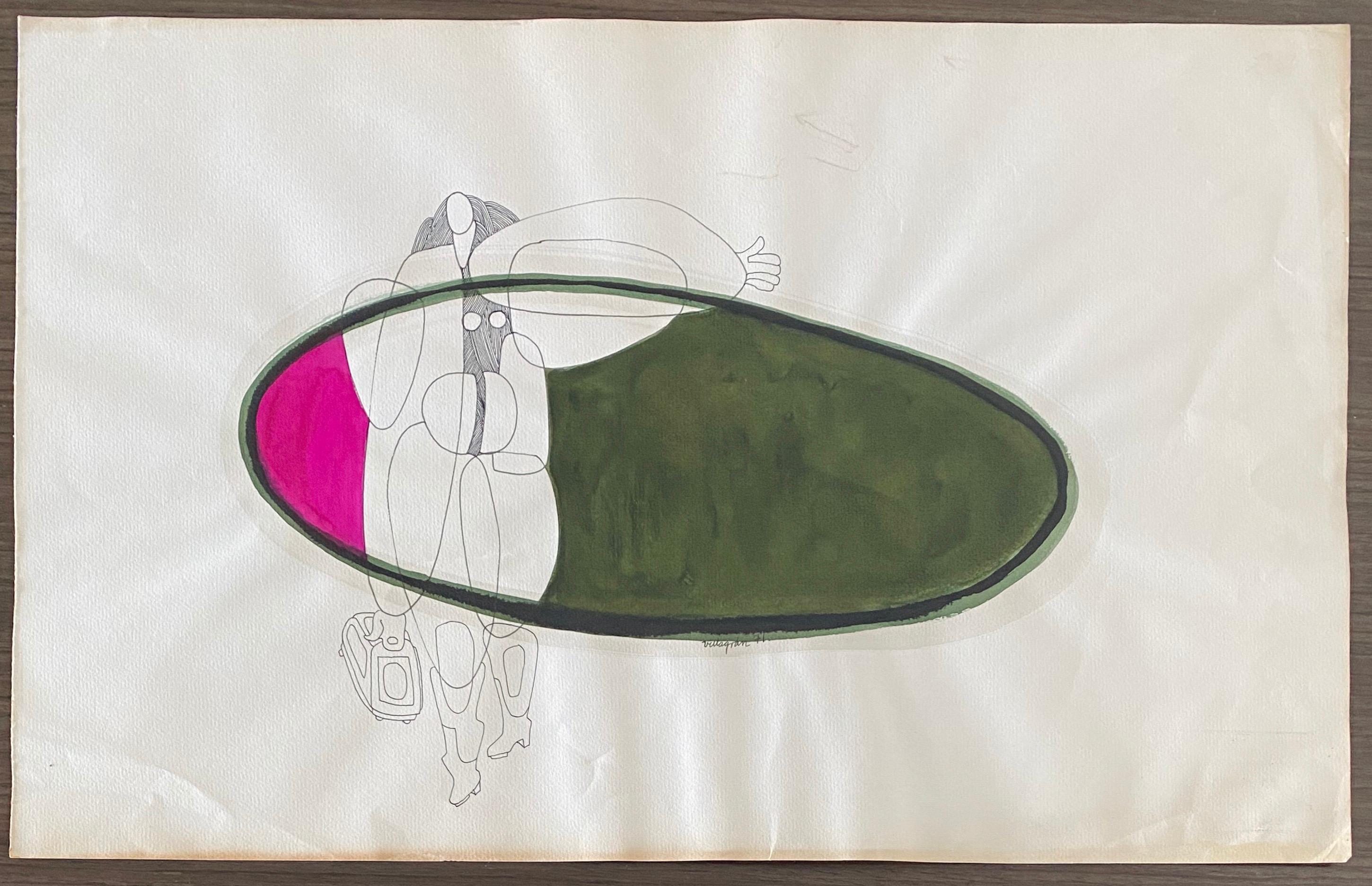 Surrealista latino-americano a tecnica mista acquerello e inchiostro - Donna che tiene la borsa 4