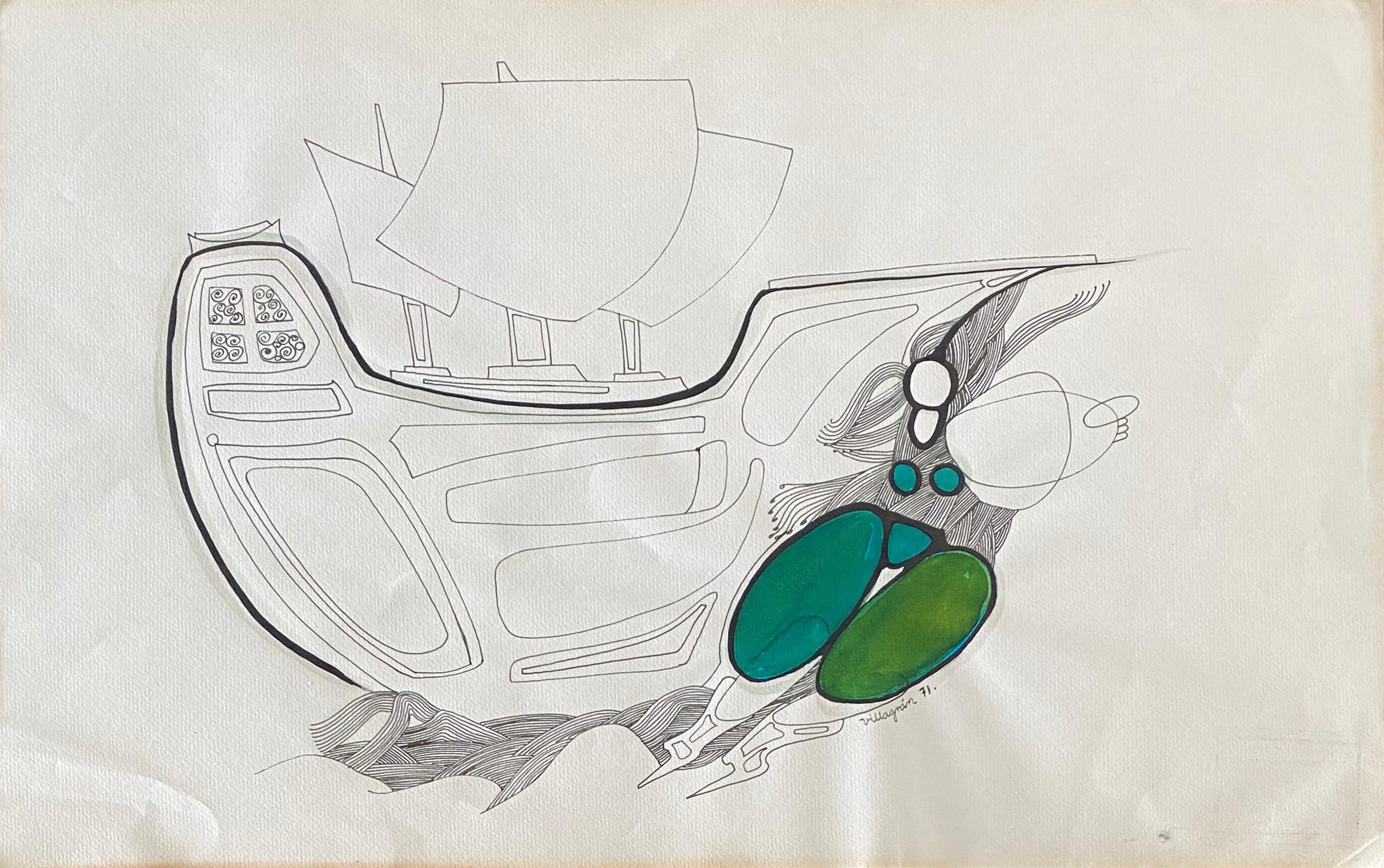 Surrealist Latin American Mixed Media - Woman In Green Pants With Ship - Art by Armando Villagran