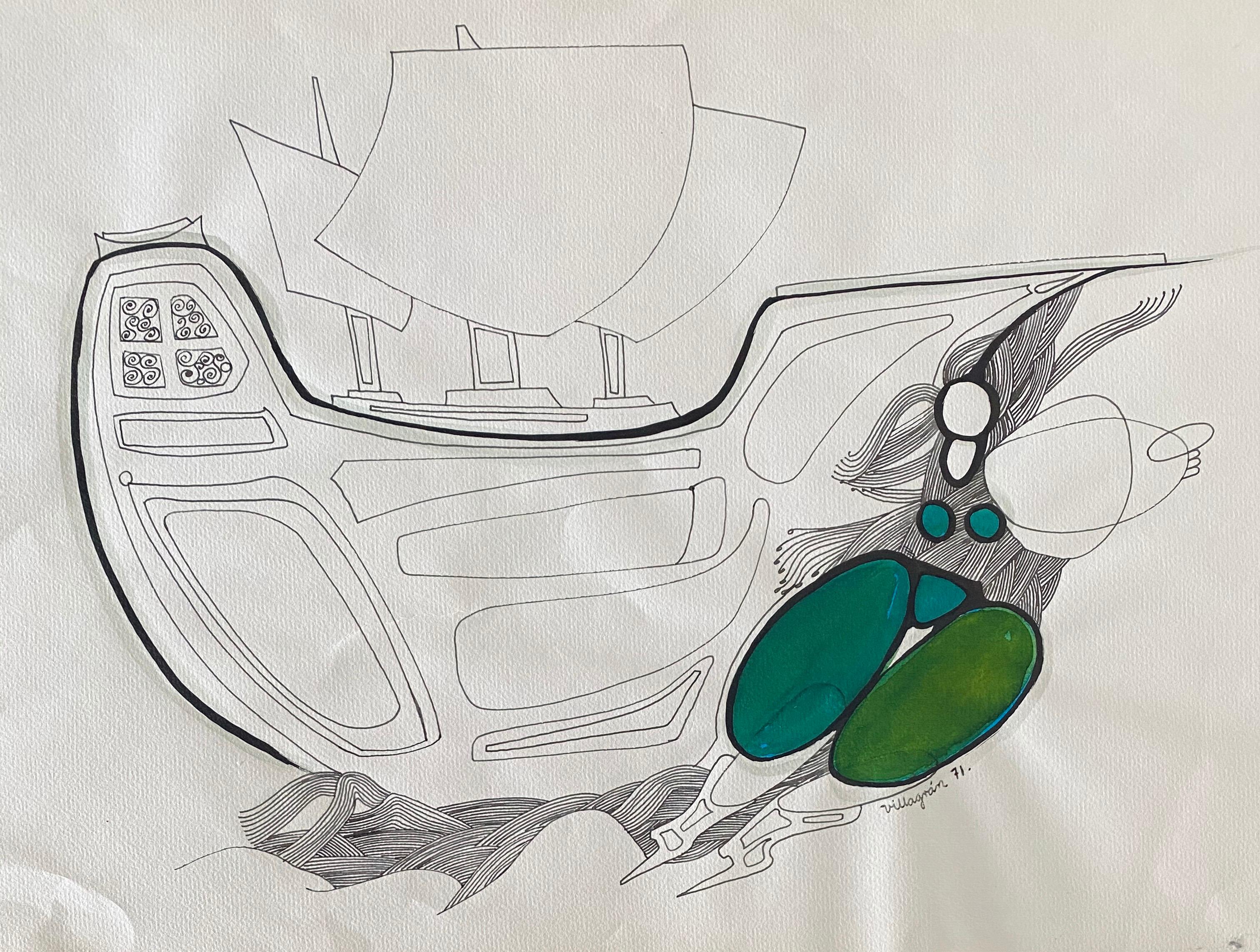 Surrealist Latin American Mixed Media - Woman In Green Pants With Ship - Gray Figurative Art by Armando Villagran