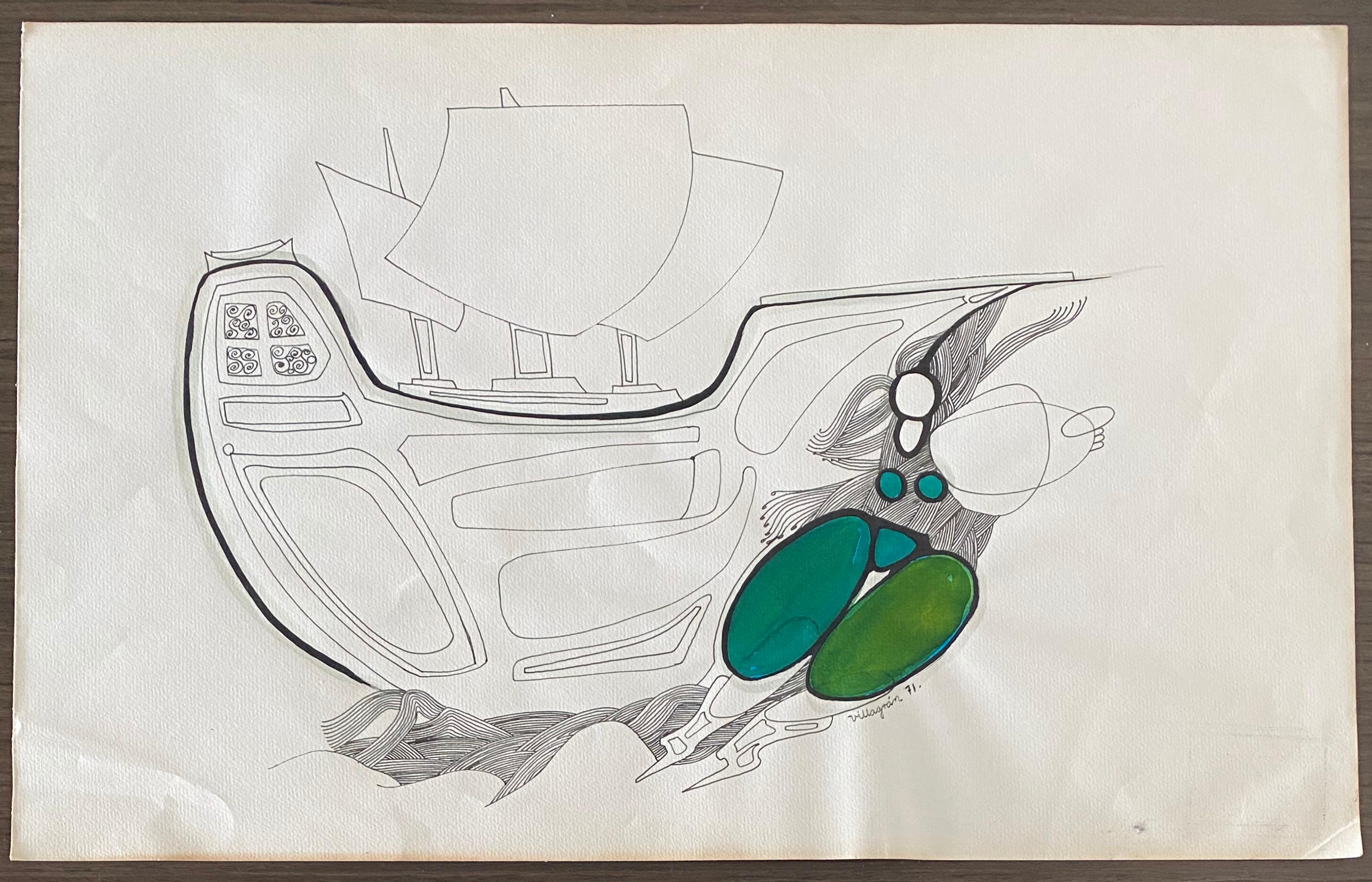 Surrealist Latin American Mixed Media - Woman In Green Pants With Ship For Sale 4