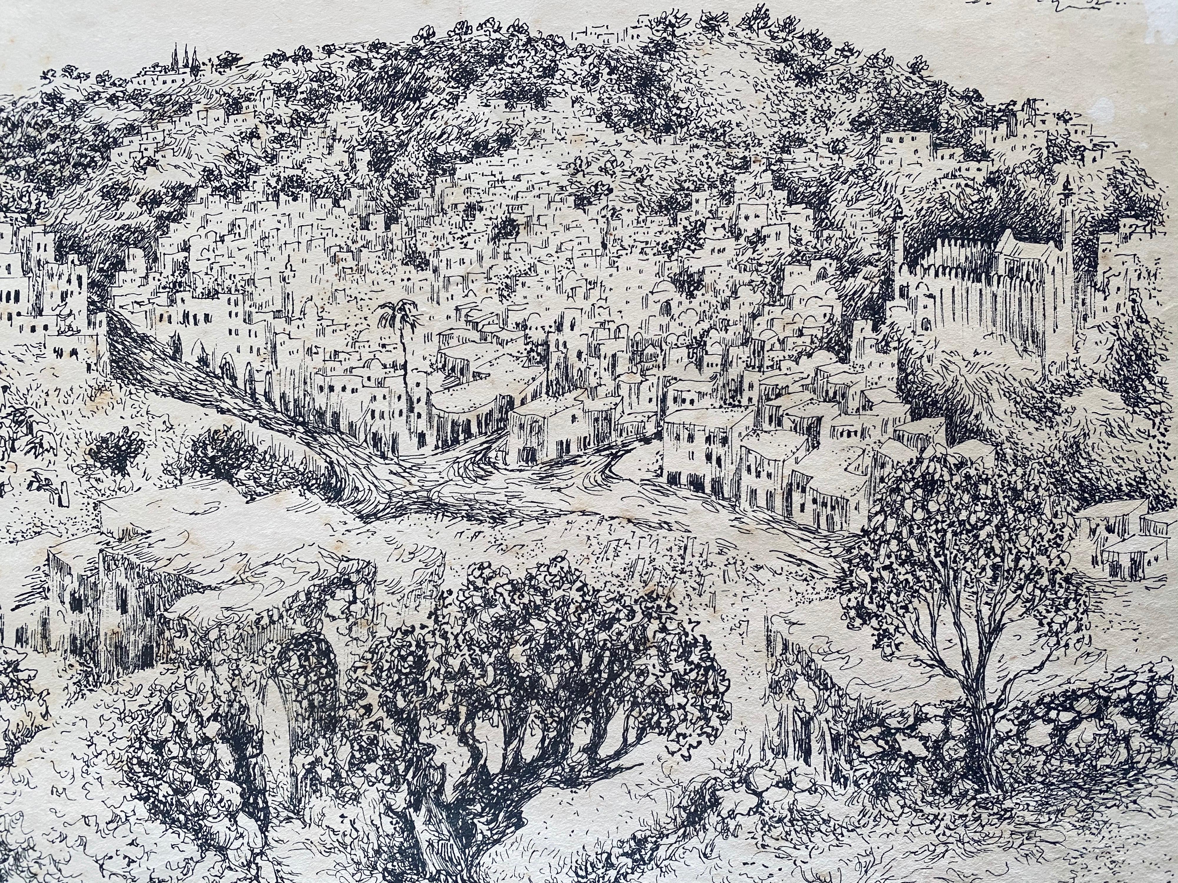 Hebron, 1969 Israeli Judaica Mixed Media Lithograph - Gray Landscape Art by Baruch Nachshon
