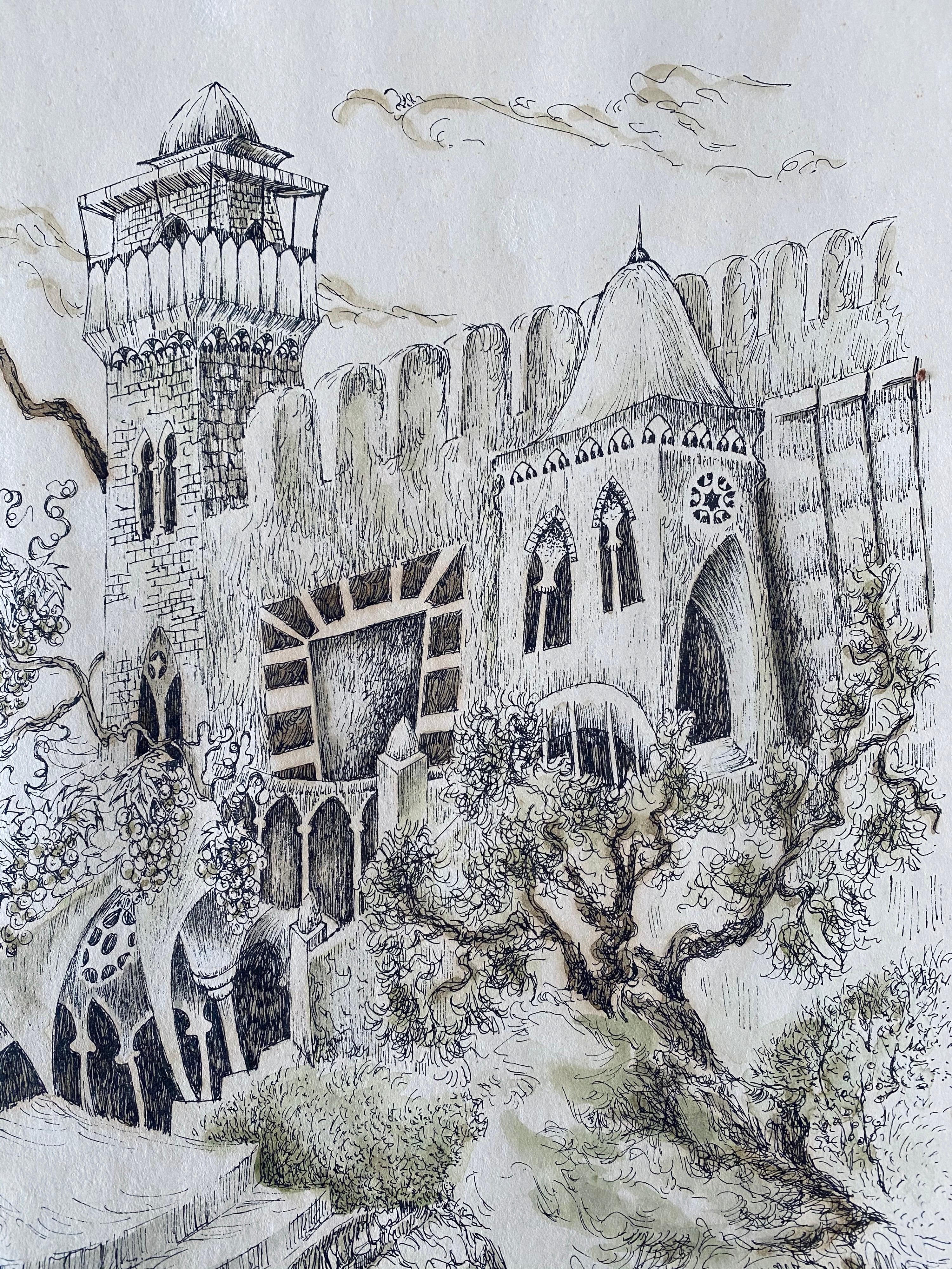 Hebron, 1969 Litografia israeliana a tecnica mista con acquerello - Art Moderno di Baruch Nachshon