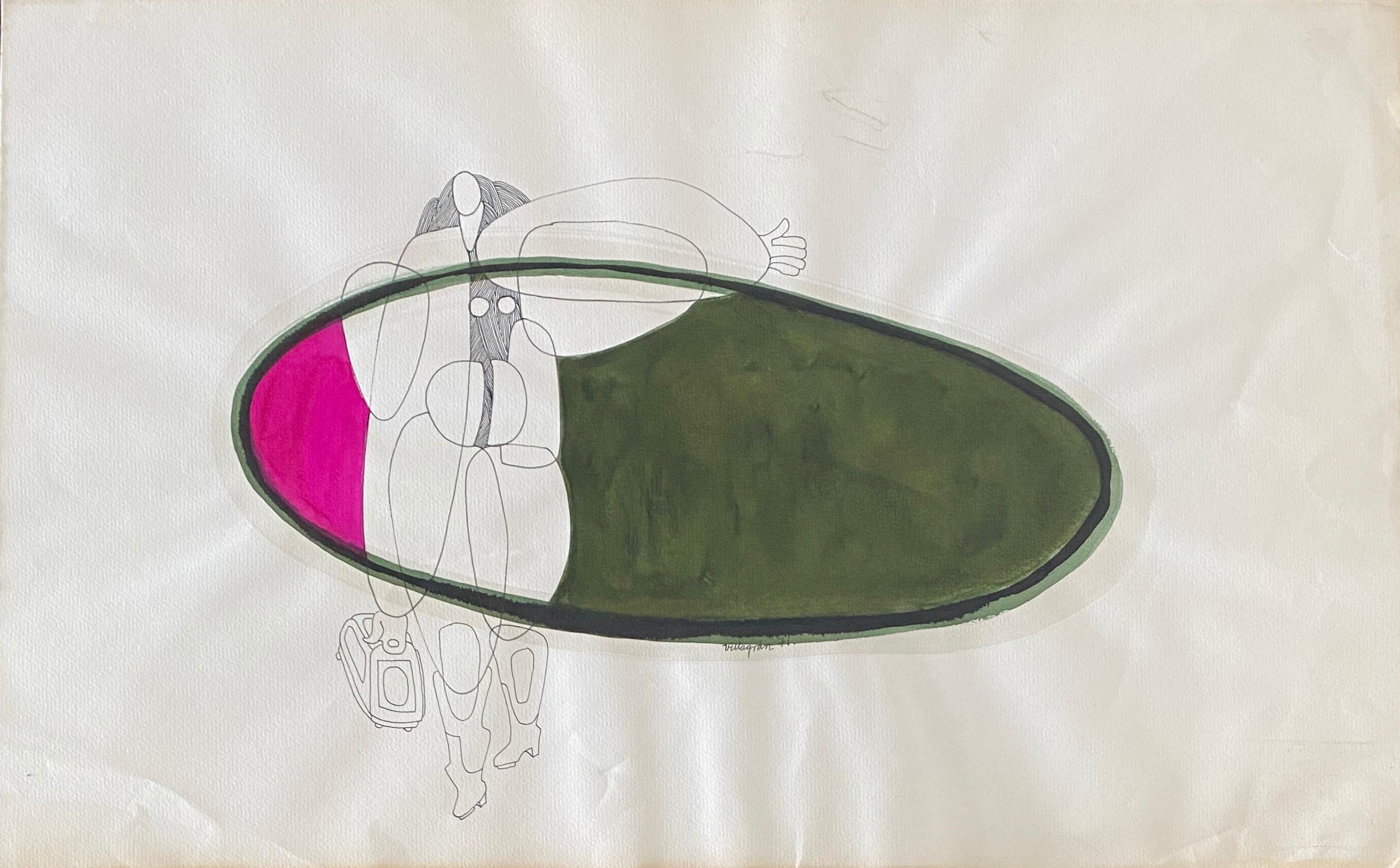 Aquarelle et encre surréaliste latino-américaine - Femme tenant un sac à main - Art de Armando Villagran