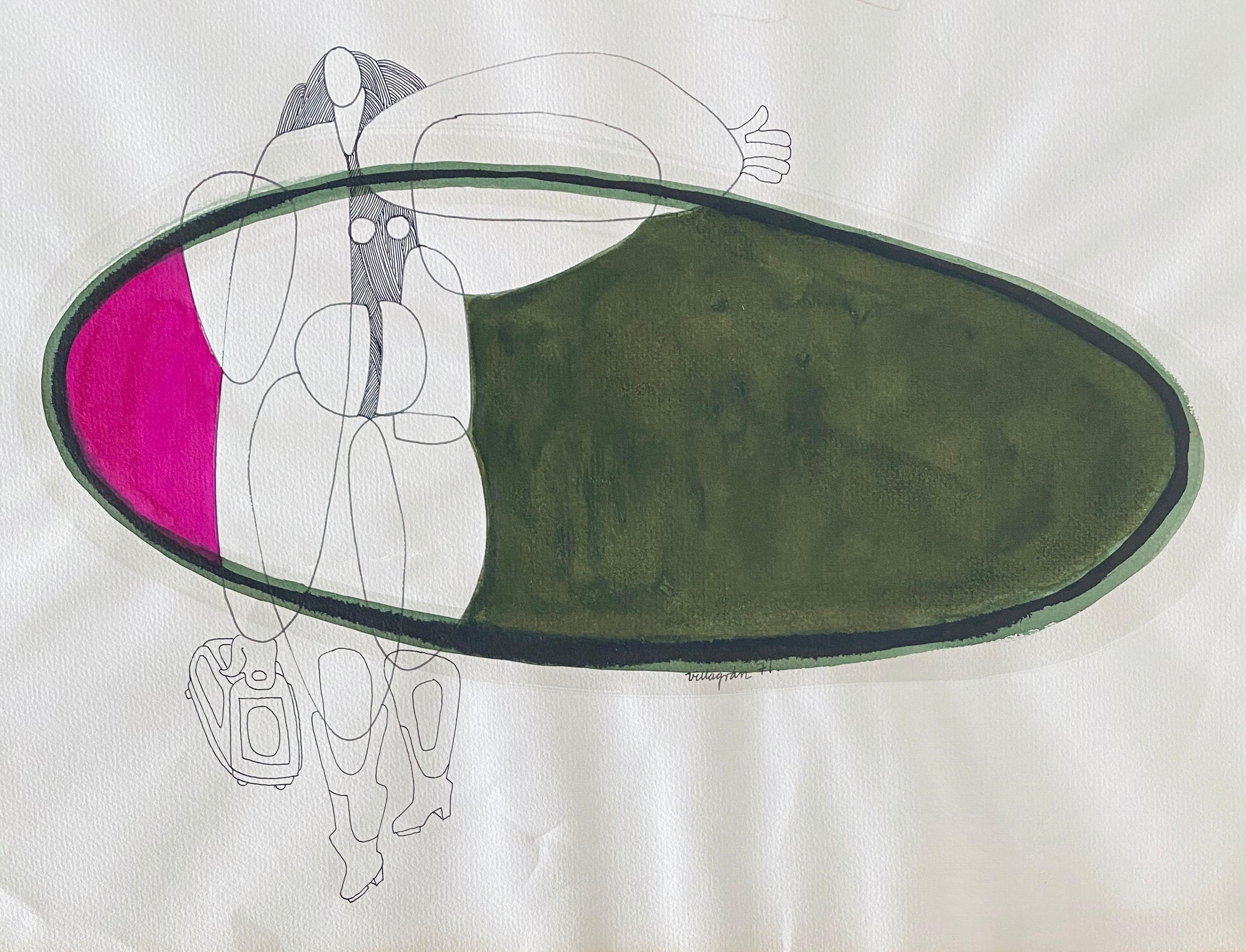 Aquarelle et encre surréaliste latino-américaine - Femme tenant un sac à main - Surréalisme Art par Armando Villagran