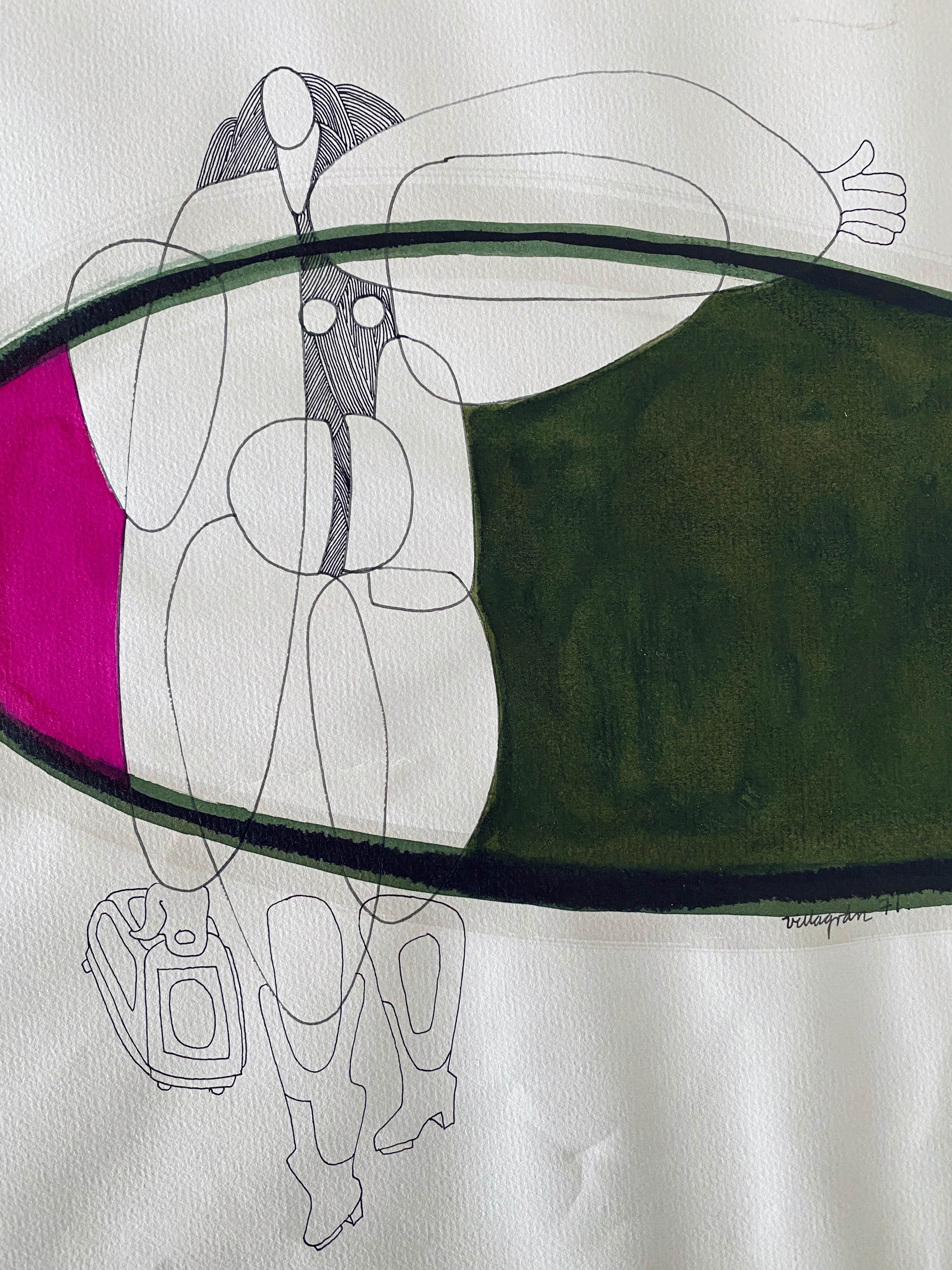 Aquarelle et encre surréaliste latino-américaine - Femme tenant un sac à main - Gris Figurative Art par Armando Villagran