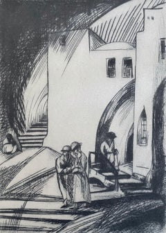 Antique Bezalel School Jerusalem Israeli Judaica Etching - Street