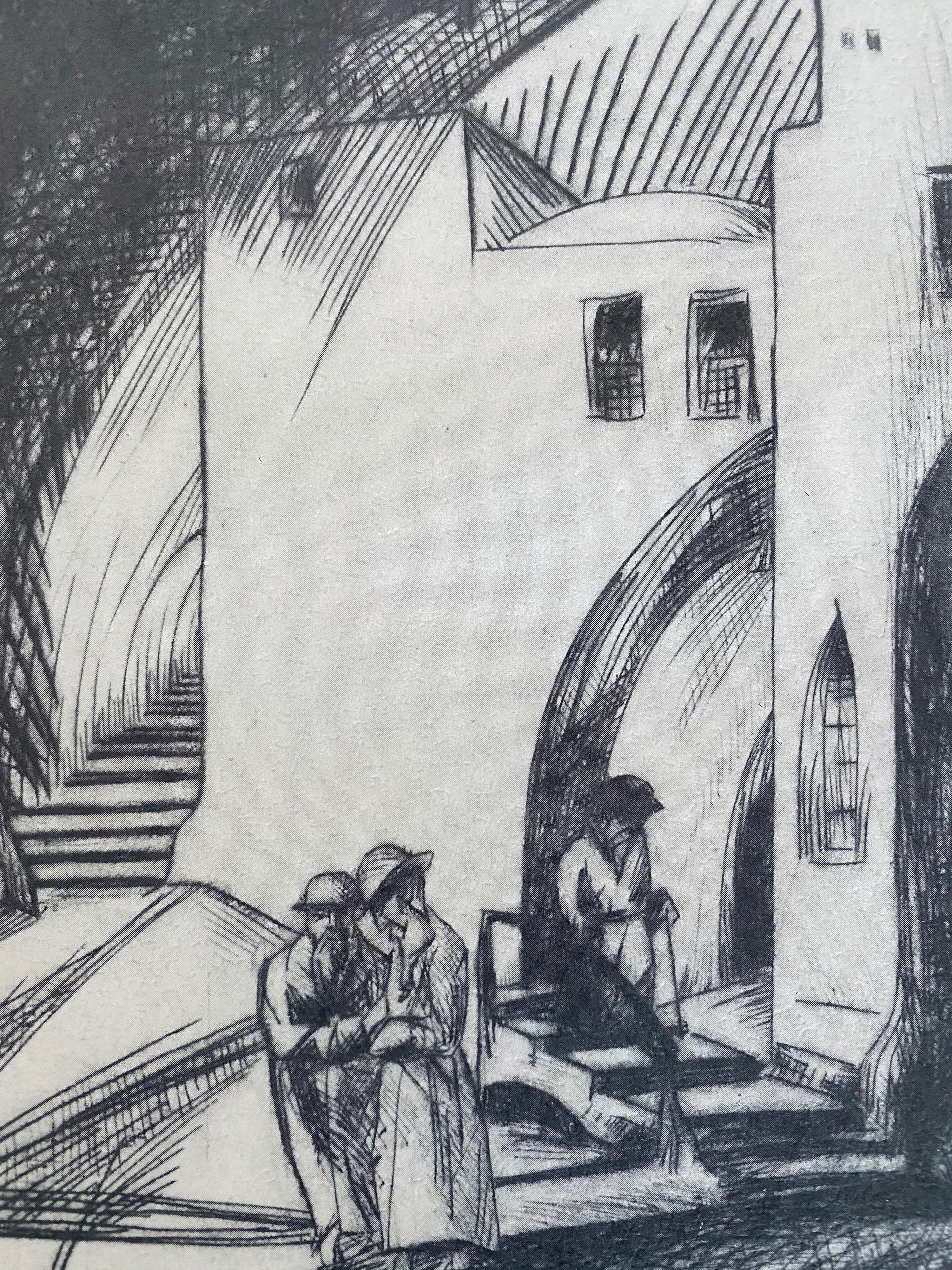 Bezalel School Jerusalem Israeli Judaica Radierung - Straße im Angebot 1