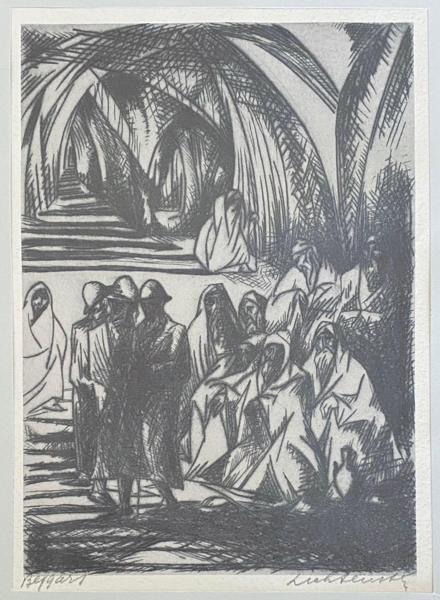 Escuela Bezalel Jerusalén Judaica Israelí Grabado - Mendigos - Art de Isaac Lichtenstein
