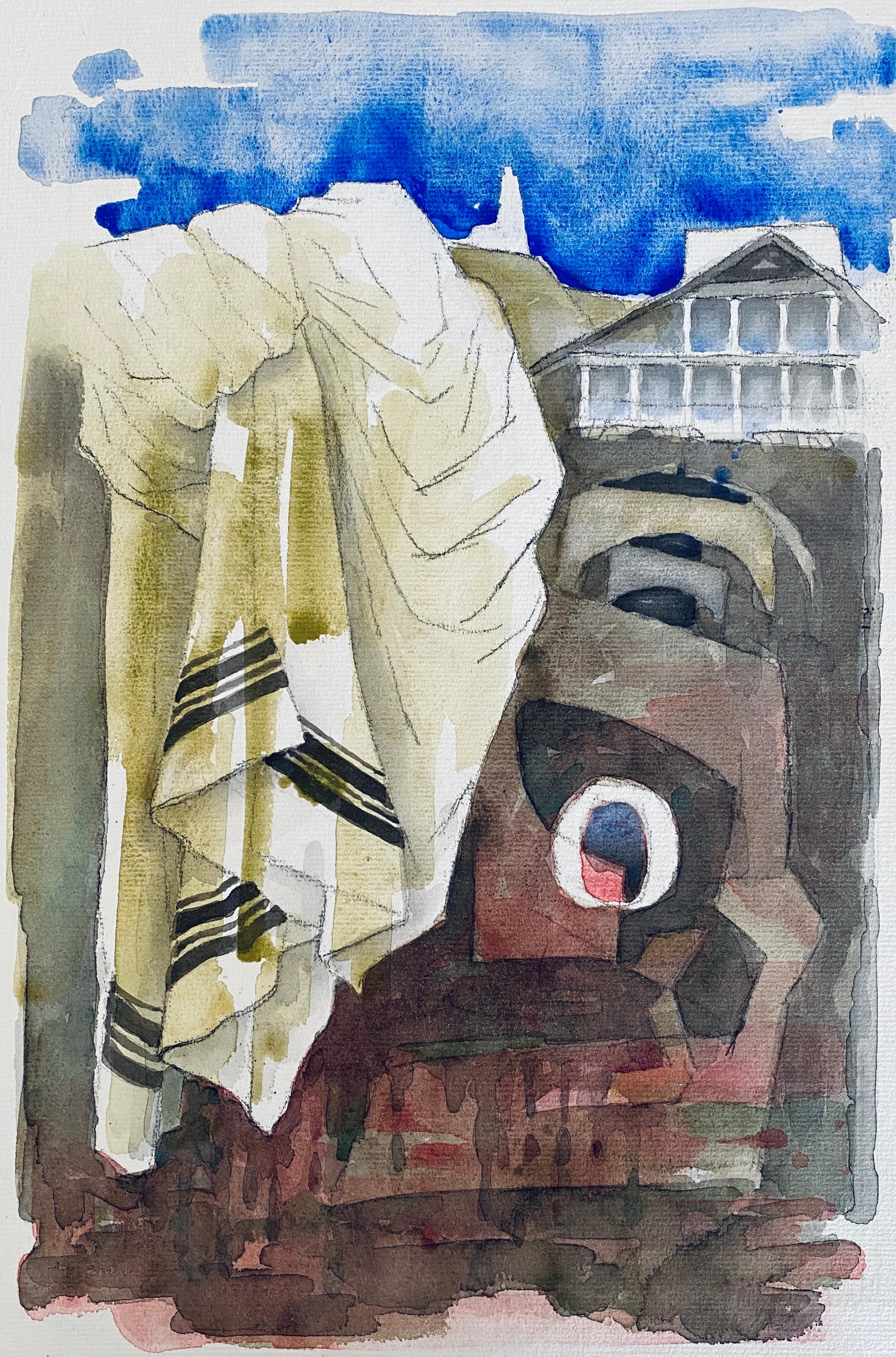 Polnisches französisches Judaica Aquarell Gouache-Gemälde Original Bauhaus Yiddish Kunst, Original