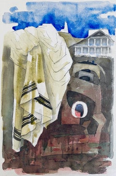 Polnisches französisches Judaica Aquarell Gouache-Gemälde Original Bauhaus Yiddish Kunst, Original