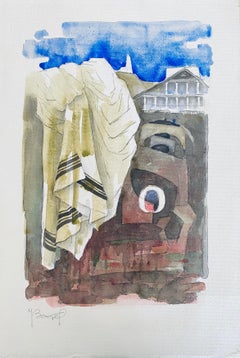 Polacco Francese Judaica Pittura ad acquerello a guazzo Originale Bauhaus Arte Yiddish