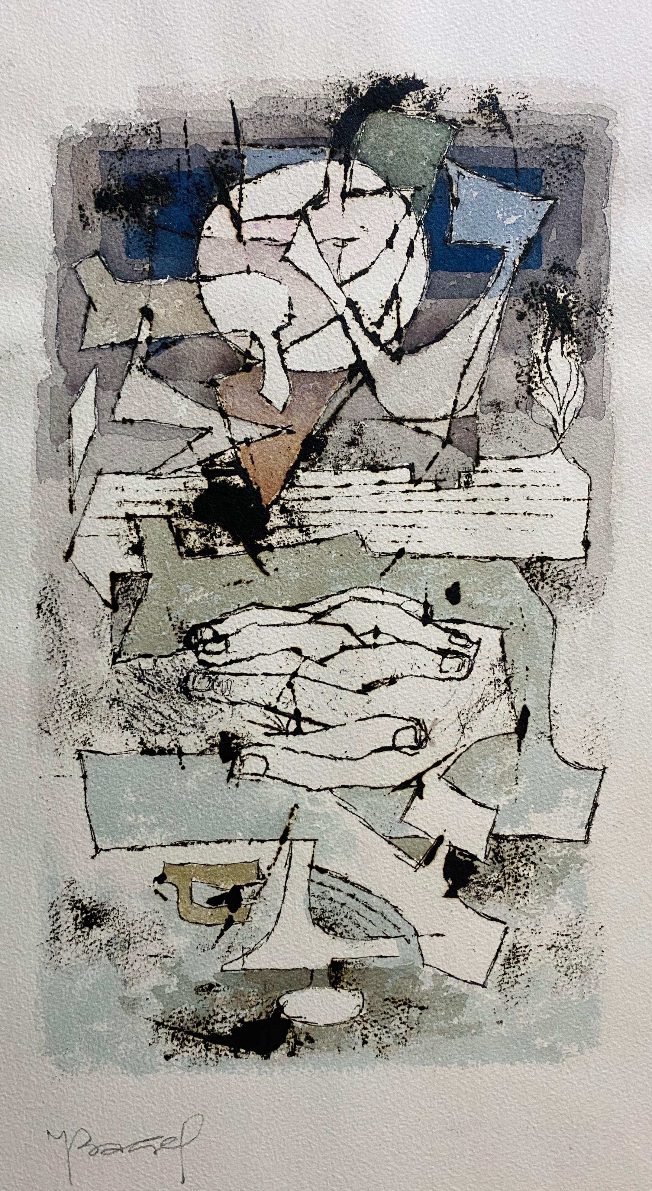 Polnisches französisches Judaica Aquarell Gouache-Gemälde Original Bauhaus Yiddish Kunst, Original