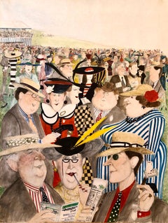 Rara Pintura Original Británica Grande de Acuarela de Arte Ilustrado "Carreras de Caballos"