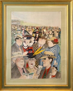Rare Large Original British Illustration Art Watercolor Painting "Horse Races"