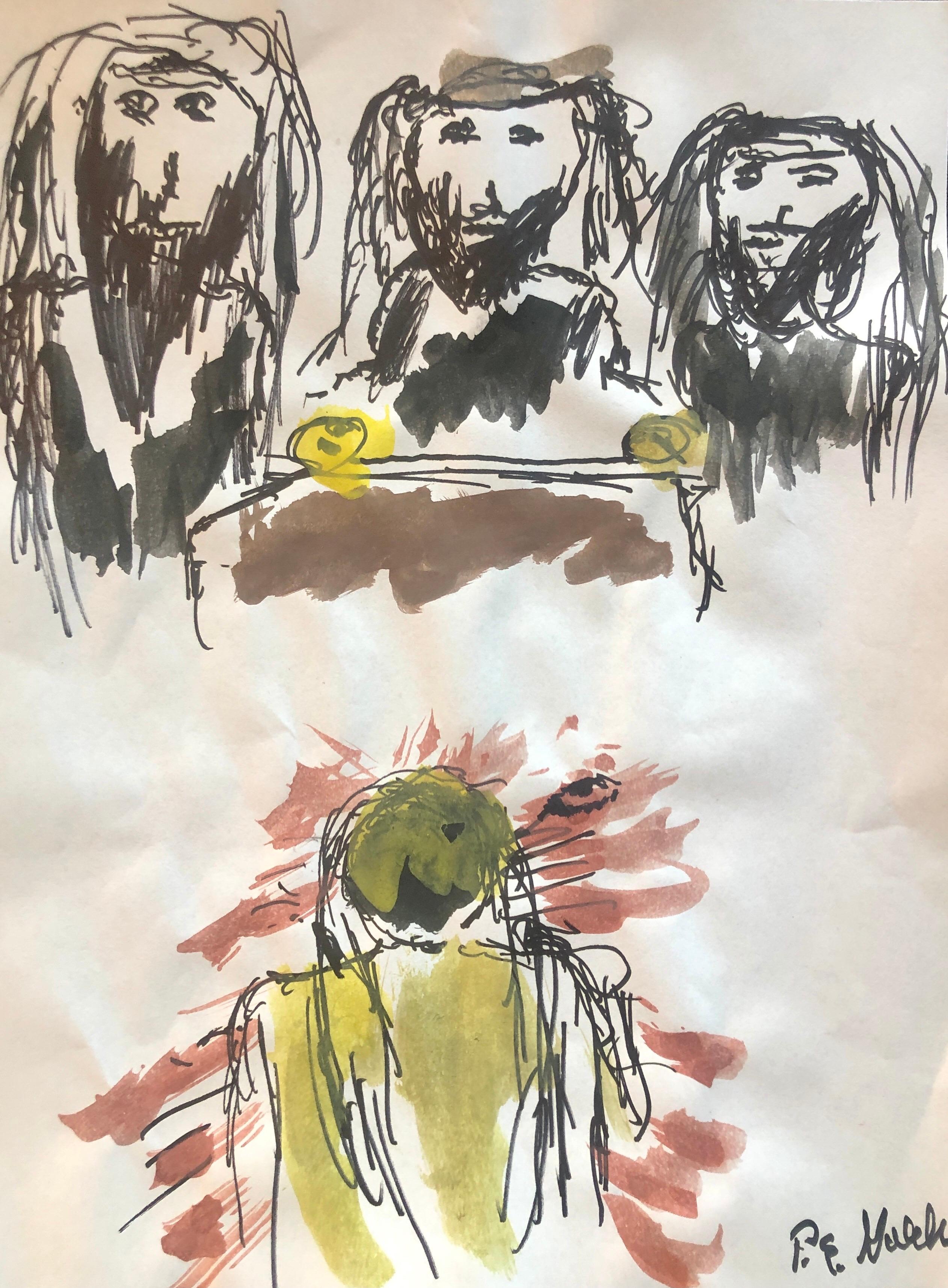 Innenraum der Synagoge. Lesen der Thora. Jüdisches Gebet. Judaica-Stück.
Aquarell, handsigniert von Peter Emanuel Goldman. 
Legendärer französisch-amerikanischer Auteur des Films, Diese kürzlich entstandenen Aquarelle basieren auf Überlegungen und
